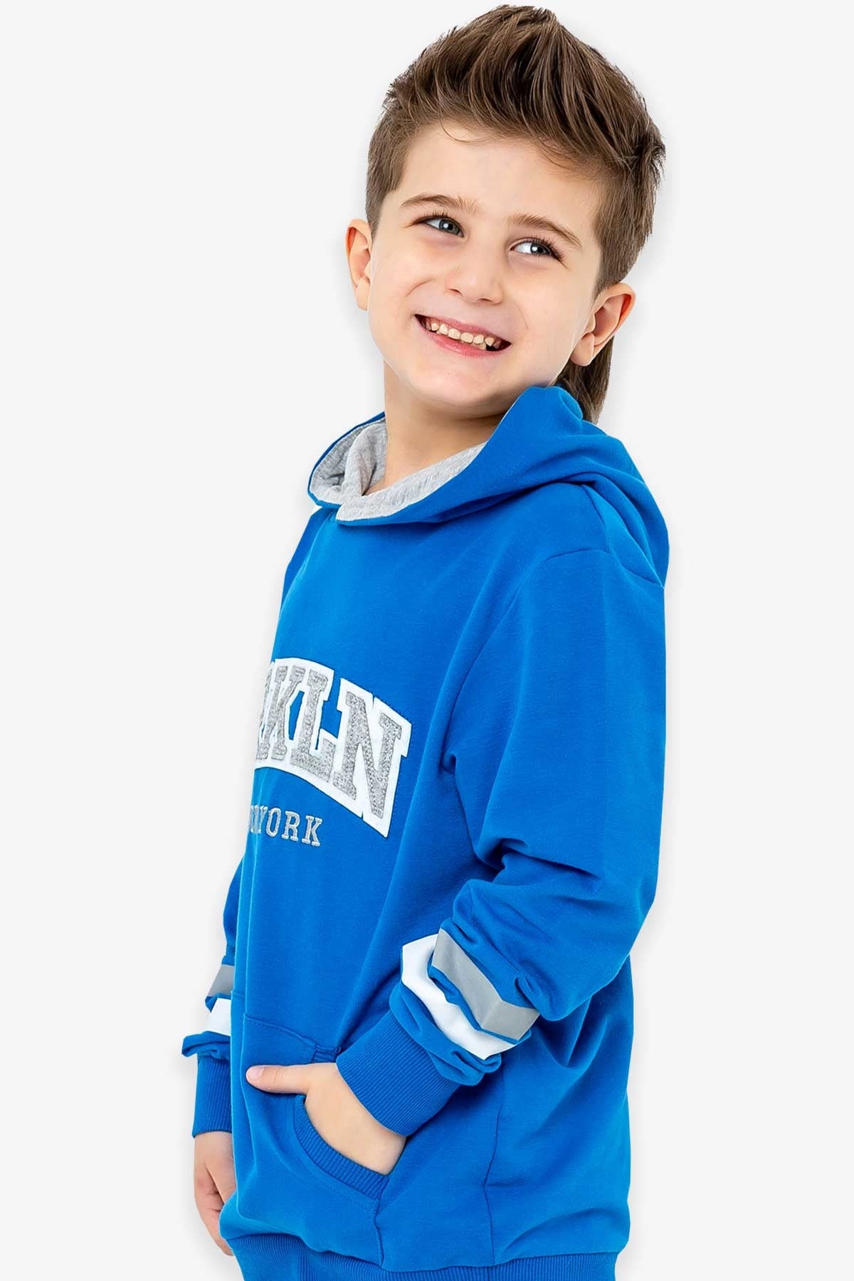 Breeze Erkek Çocuk Sweatshirt Kapüşonlu Nakışlı Saks Mavisi (9-15 Yaş)