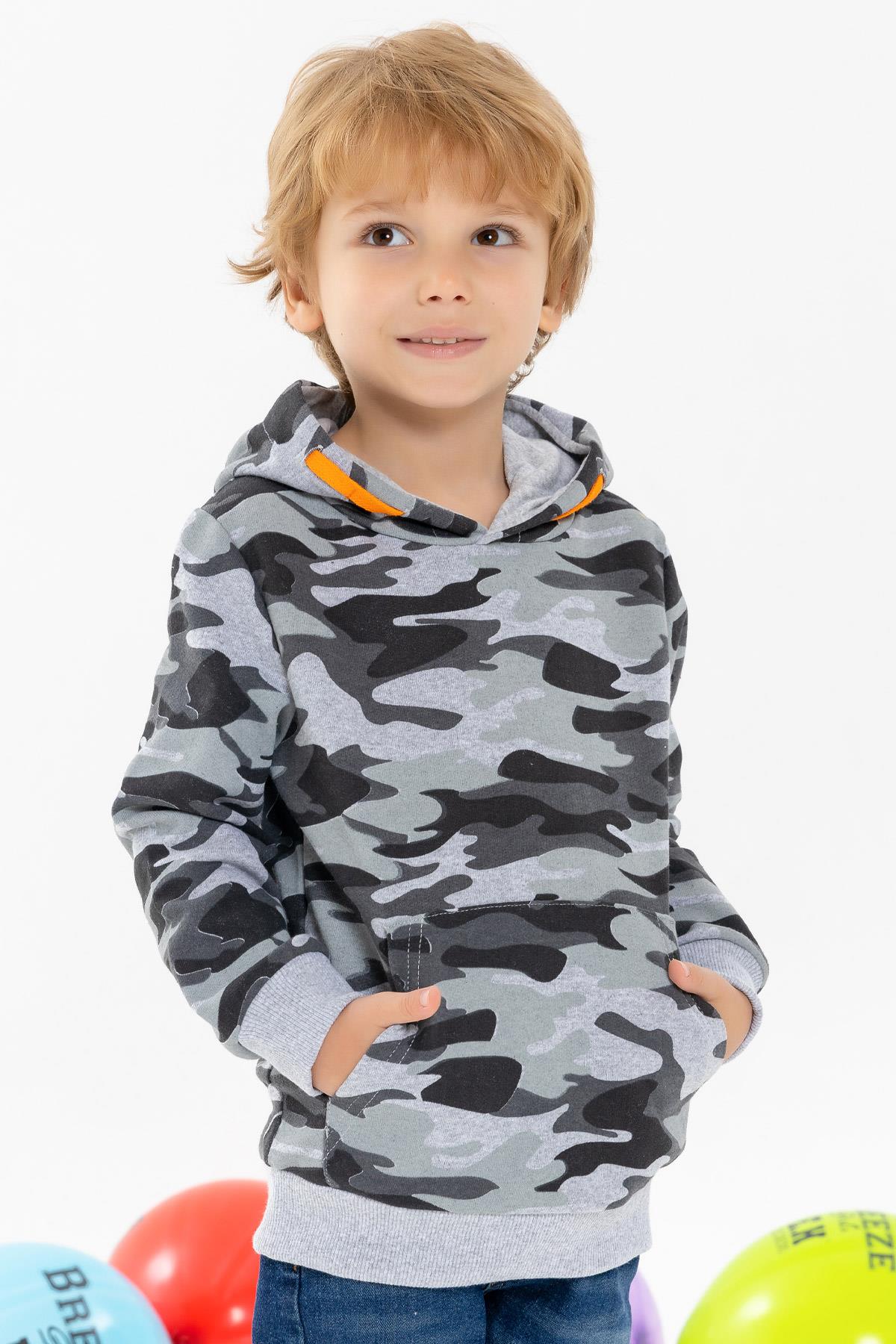 Breeze Erkek Çocuk Sweatshirt Kapüşonlu Kamuflaj Desenli Gri Melanj (7 Yaş)