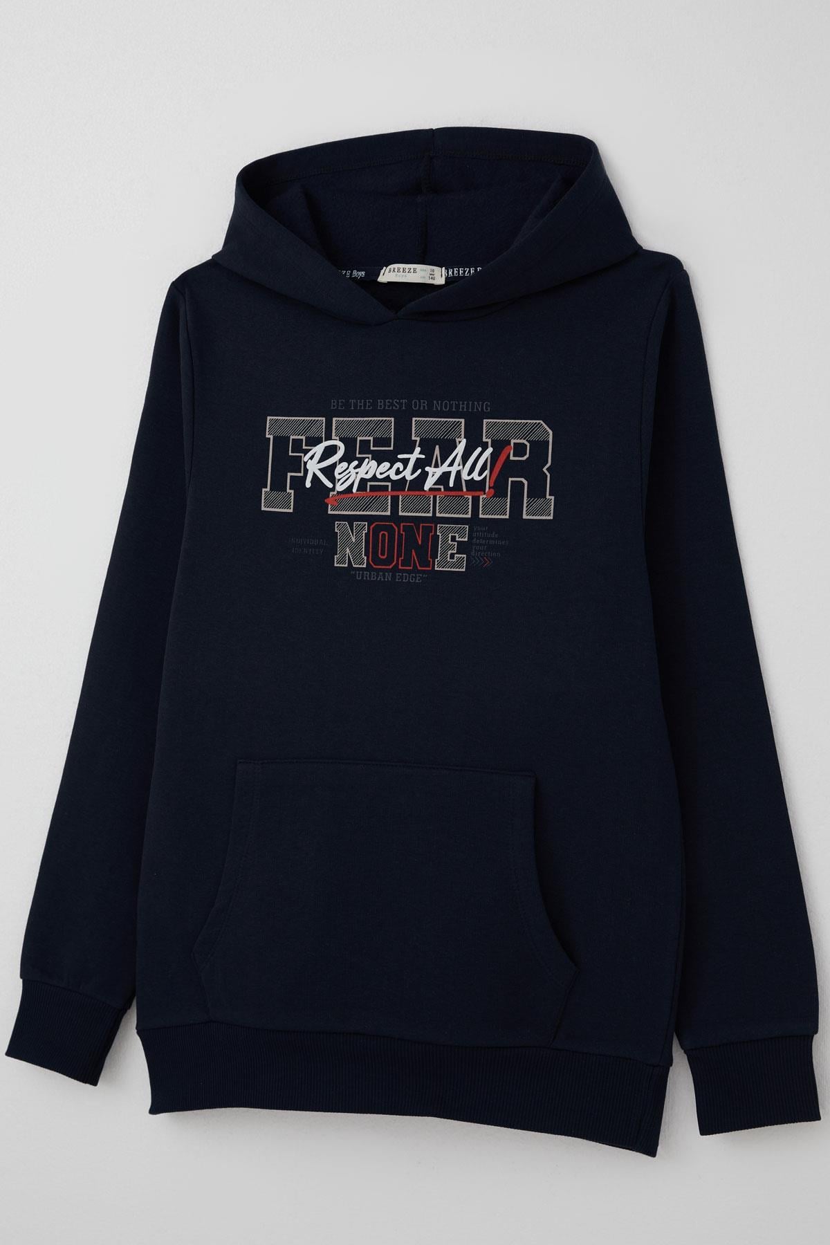 Breeze Erkek Çocuk Sweatshirt Kapüşonlu Yazı Baskılı Kanguru Cepli Lacivert (9-12 Yaş)