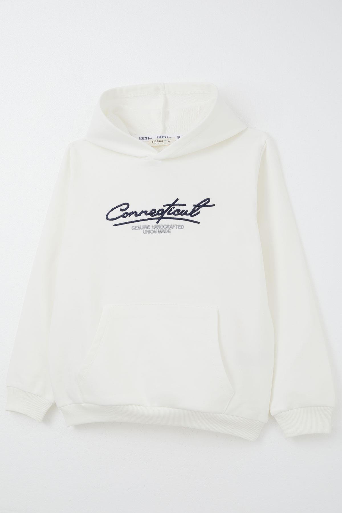 Breeze Erkek Çocuk Sweatshirt Kapüşonlu Yazı Nakışlı Kanguru Cepli Ekru (4-8 Yaş)