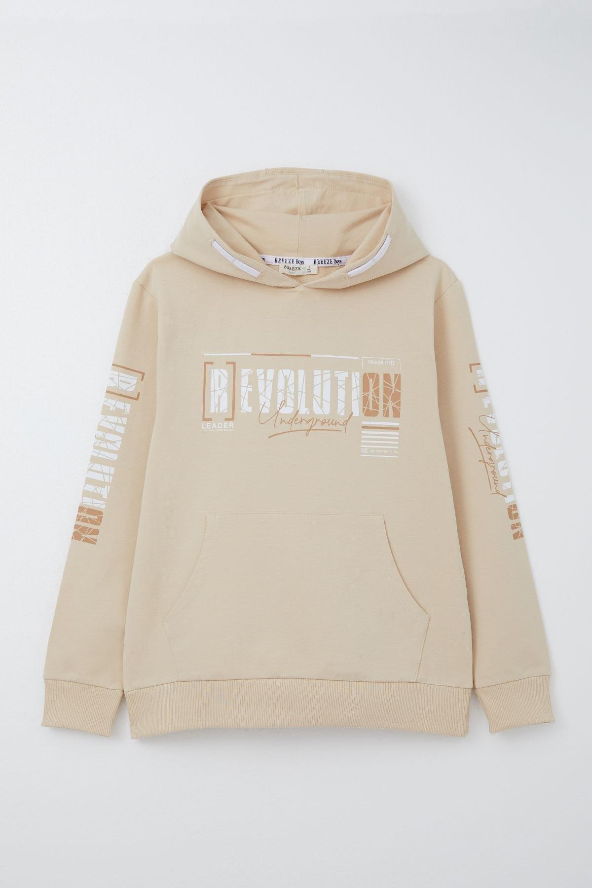 Breeze Erkek Çocuk Sweatshirt Kapüşonlu Kanguru Cepli Krem (9-16 Yaş)