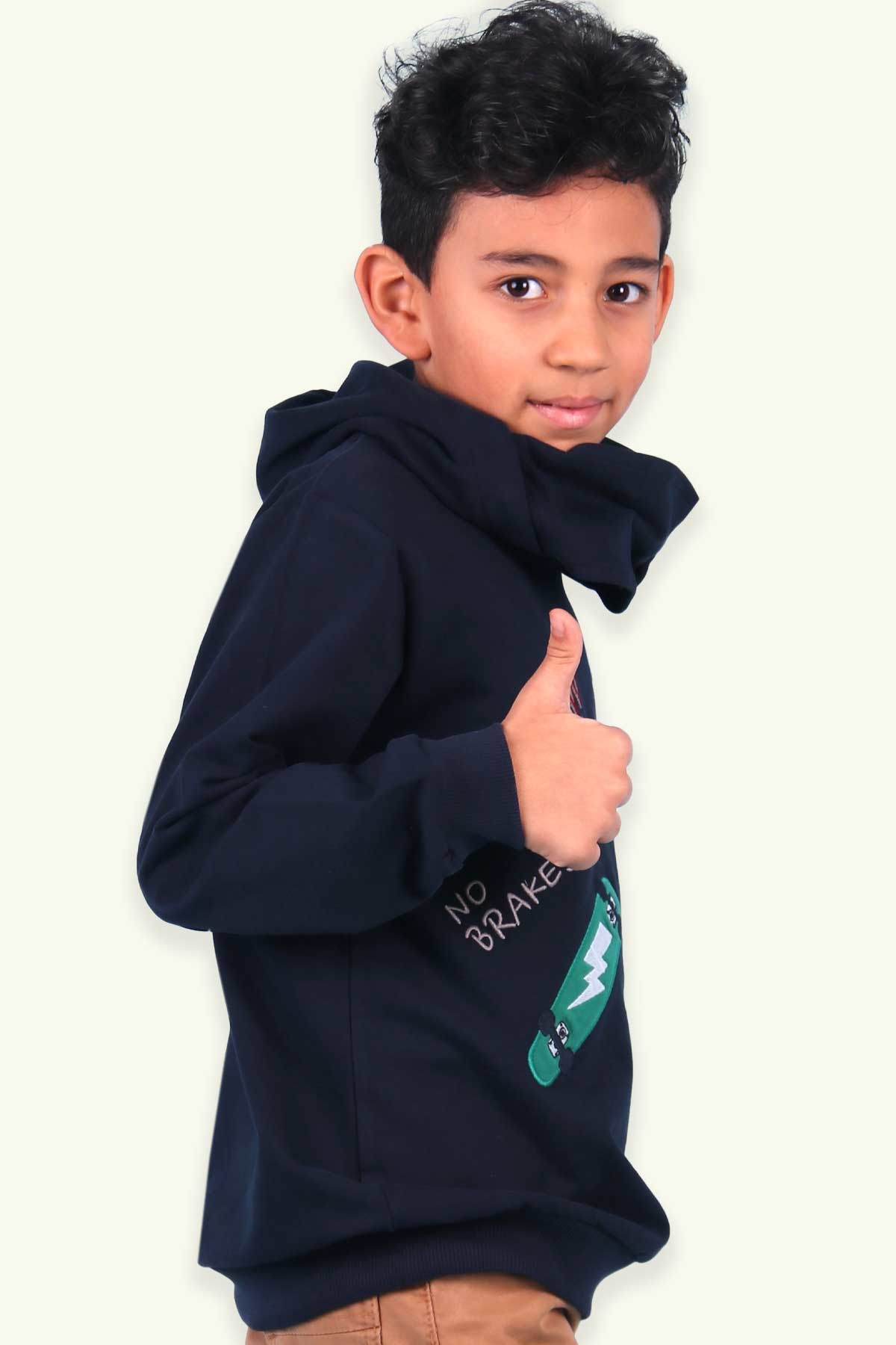 Breeze Erkek Çocuk Sweatshirt Kapüşonlu Kaykay Nakışlı Maskeli Lacivert (6-12 Yaş)