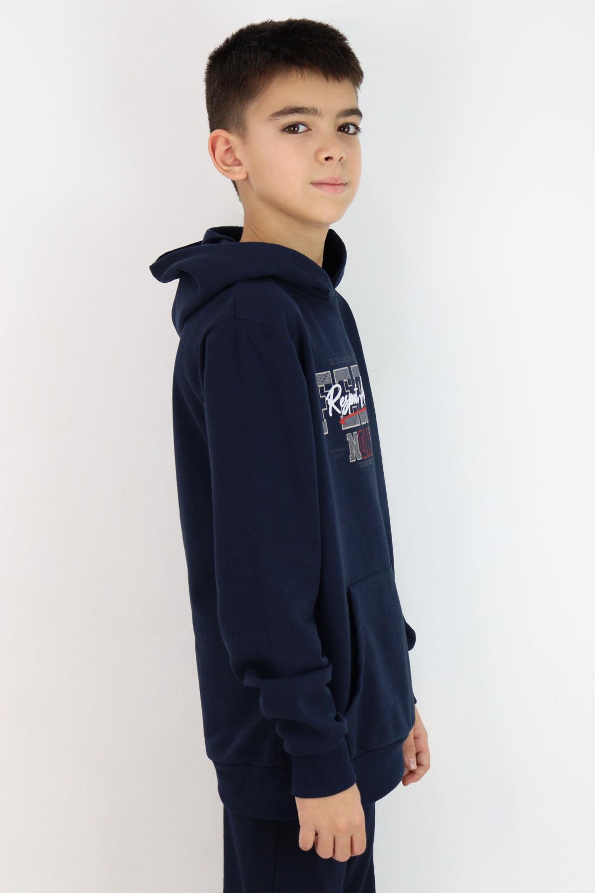 Breeze Erkek Çocuk Sweatshirt Kapüşonlu Yazı Baskılı Kanguru Cepli Lacivert (9-12 Yaş)