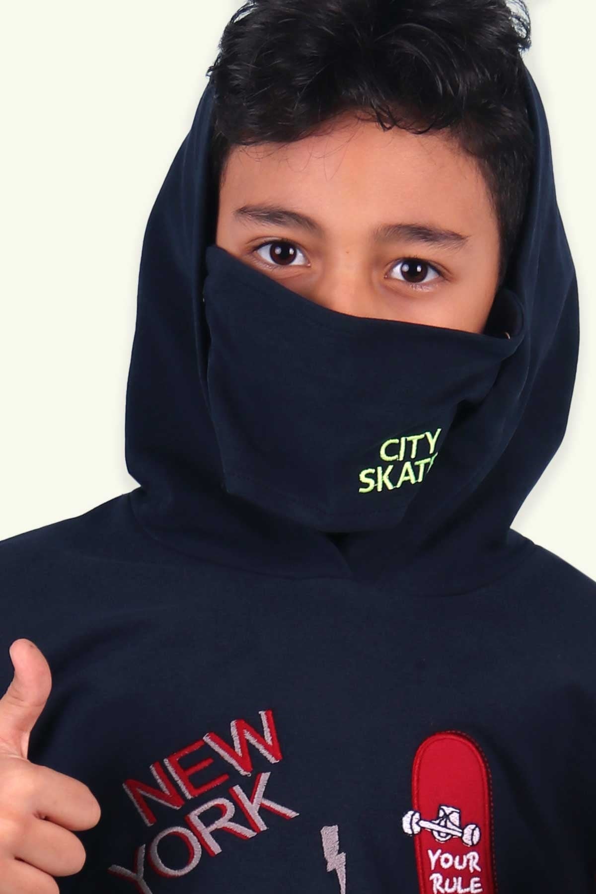 Breeze Erkek Çocuk Sweatshirt Kapüşonlu Kaykay Nakışlı Maskeli Lacivert (6-12 Yaş)