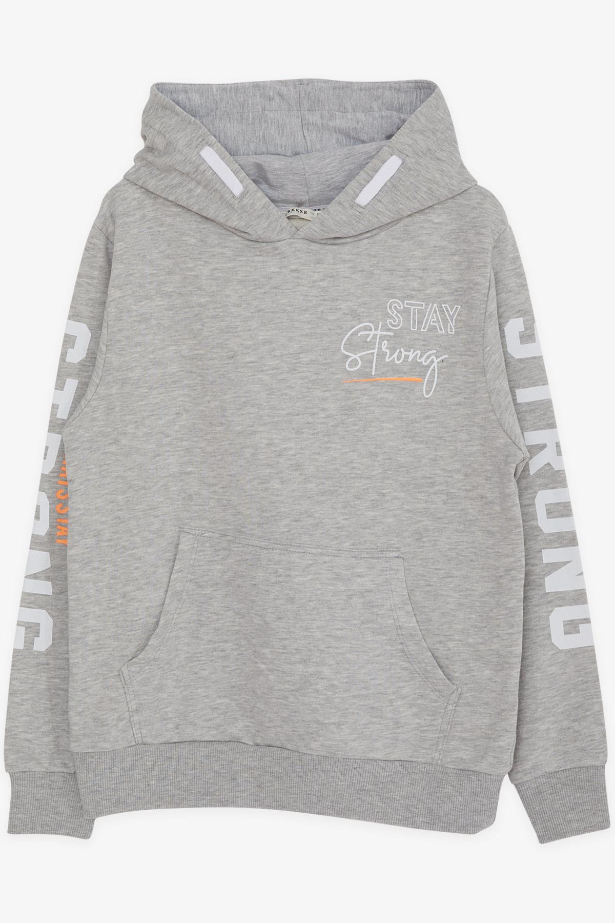 Breeze Erkek Çocuk Sweatshirt Kapüşonlu Yazı Baskılı Açık Gri Melanj (9-16 Yaş)