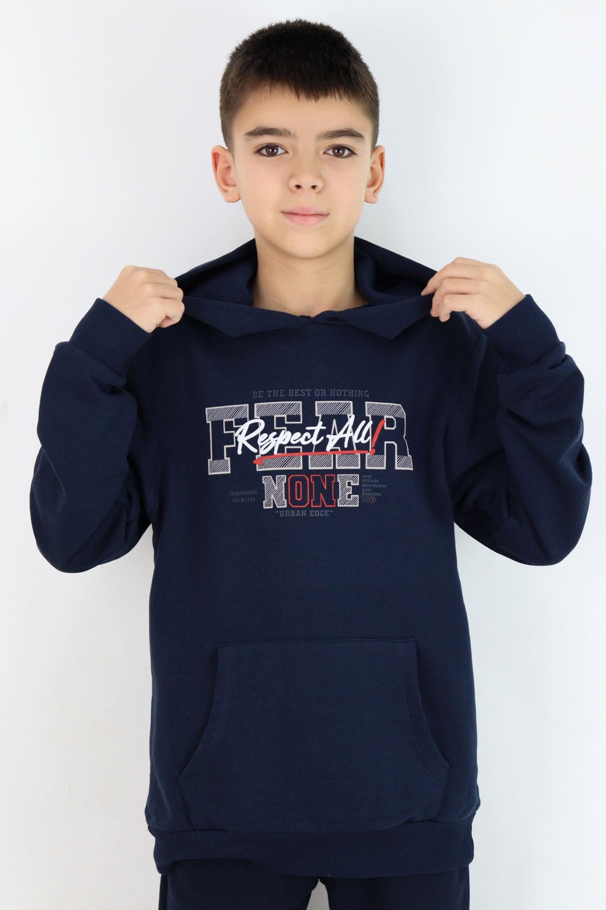 Breeze Erkek Çocuk Sweatshirt Kapüşonlu Yazı Baskılı Kanguru Cepli Lacivert (9-12 Yaş)
