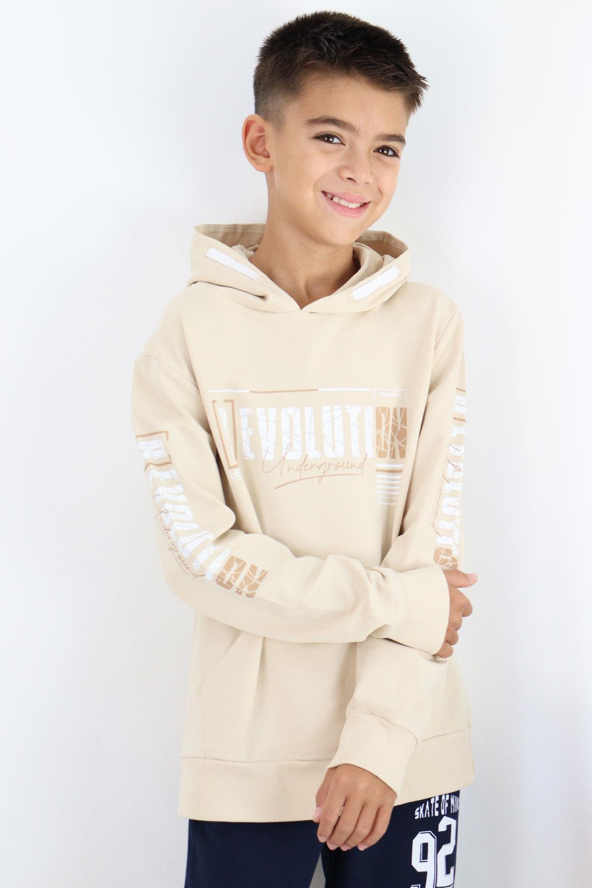 Breeze Erkek Çocuk Sweatshirt Kapüşonlu Kanguru Cepli Krem (9-16 Yaş)