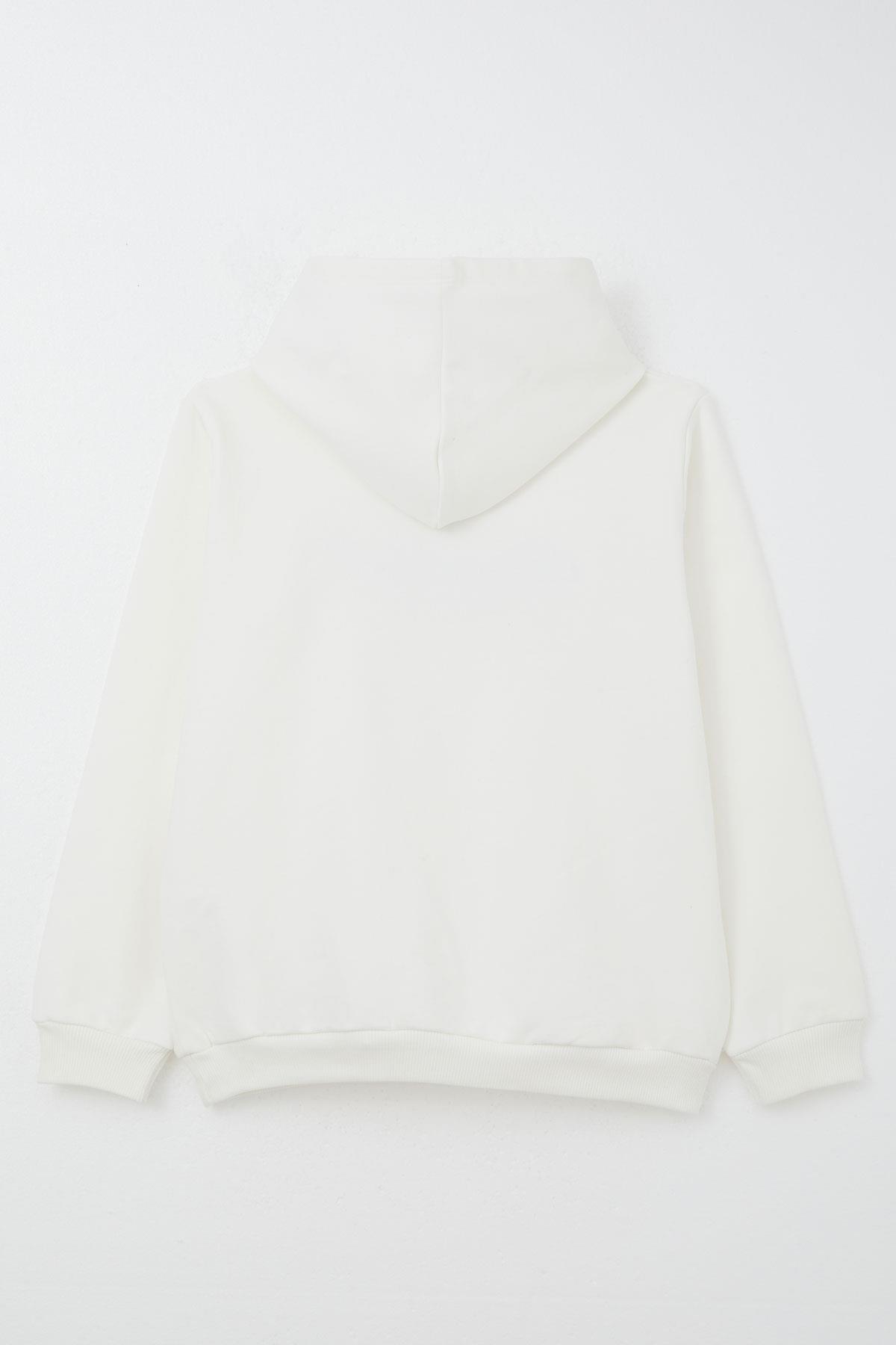 Breeze Erkek Çocuk Sweatshirt Kapüşonlu Yazı Nakışlı Kanguru Cepli Ekru (4-8 Yaş)