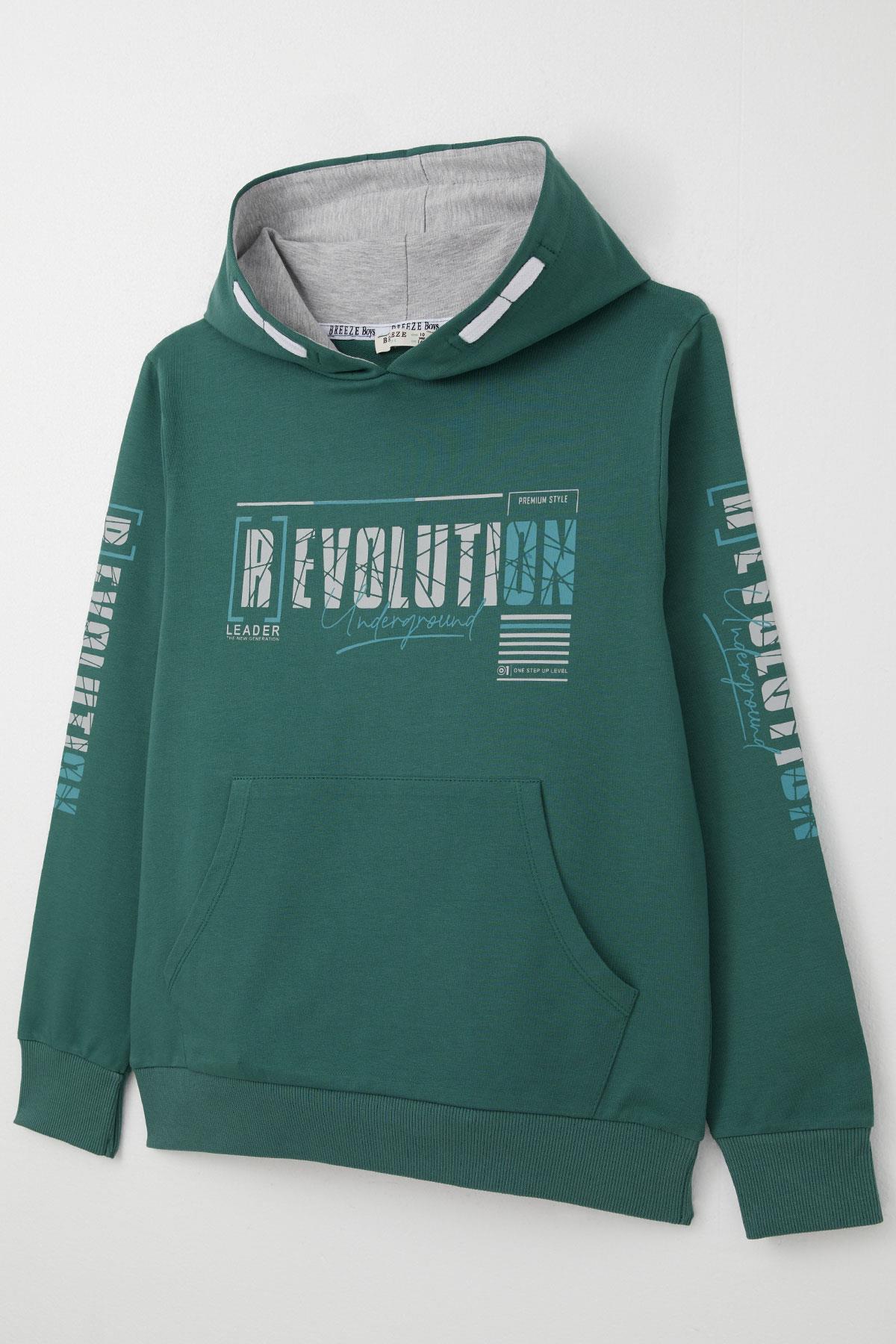 Breeze Erkek Çocuk Sweatshirt Kapüşonlu Kanguru Cepli Petrol Yeşili (9-16 Yaş)