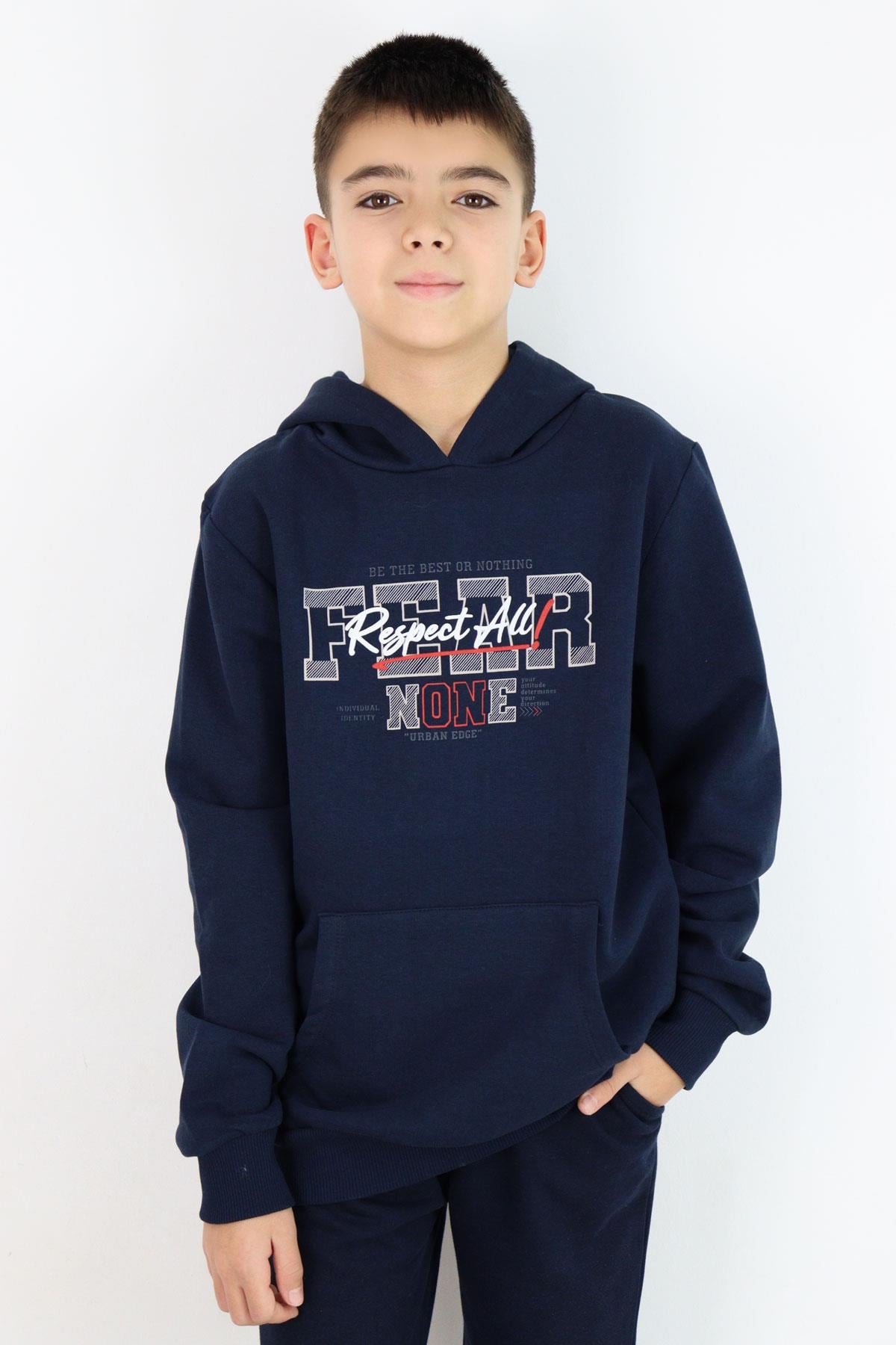 Breeze Erkek Çocuk Sweatshirt Kapüşonlu Yazı Baskılı Kanguru Cepli Lacivert (9-12 Yaş)