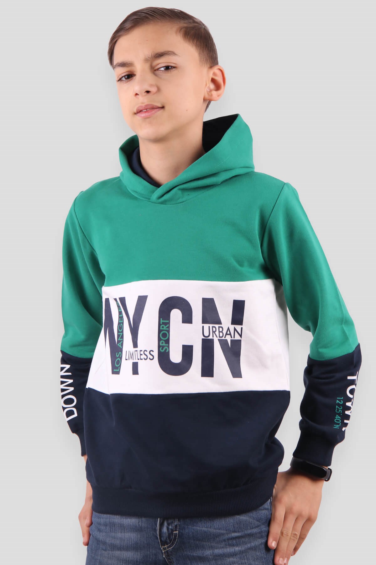 Breeze Erkek Çocuk Sweatshirt Kapüşonlu Yeşil-Lacivert (8-14 Yaş)
