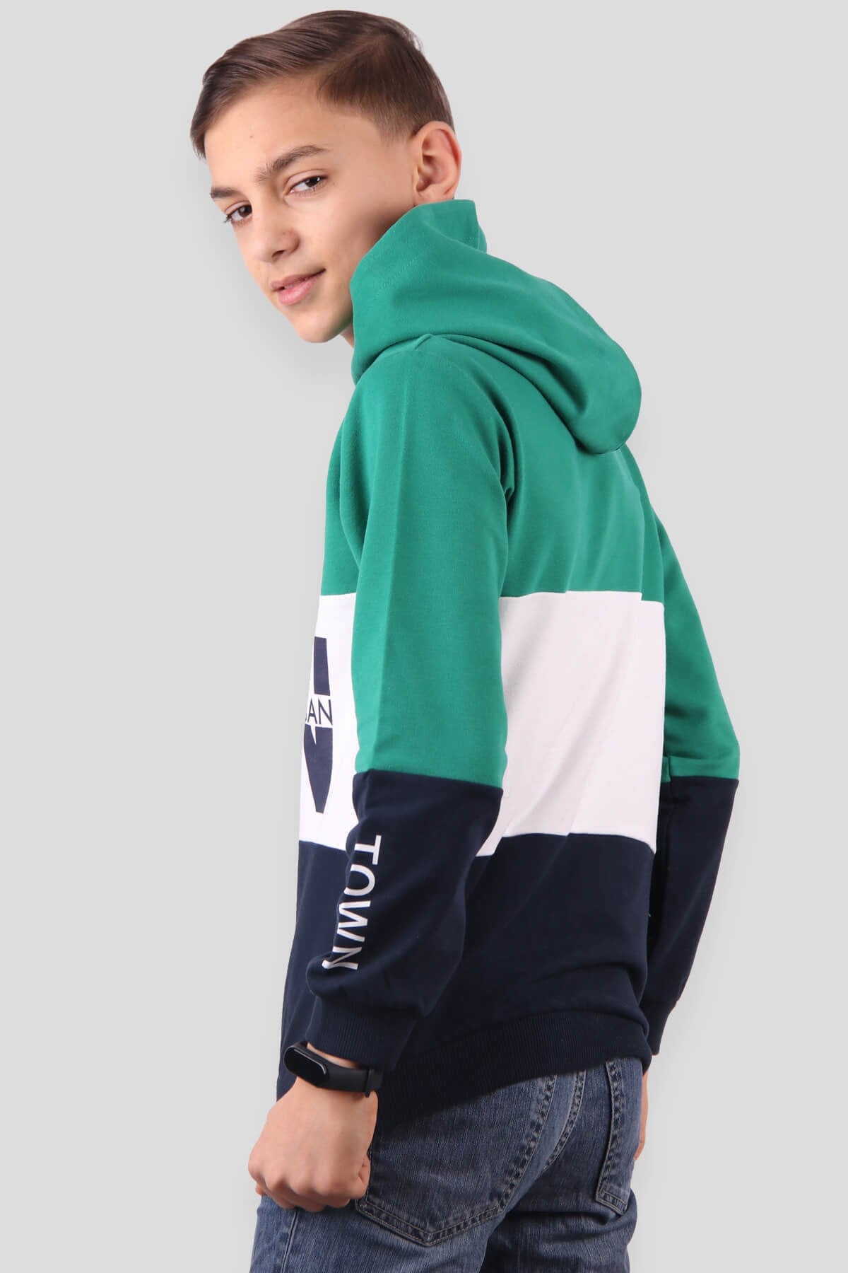 Breeze Erkek Çocuk Sweatshirt Kapüşonlu Yeşil-Lacivert (8-14 Yaş)