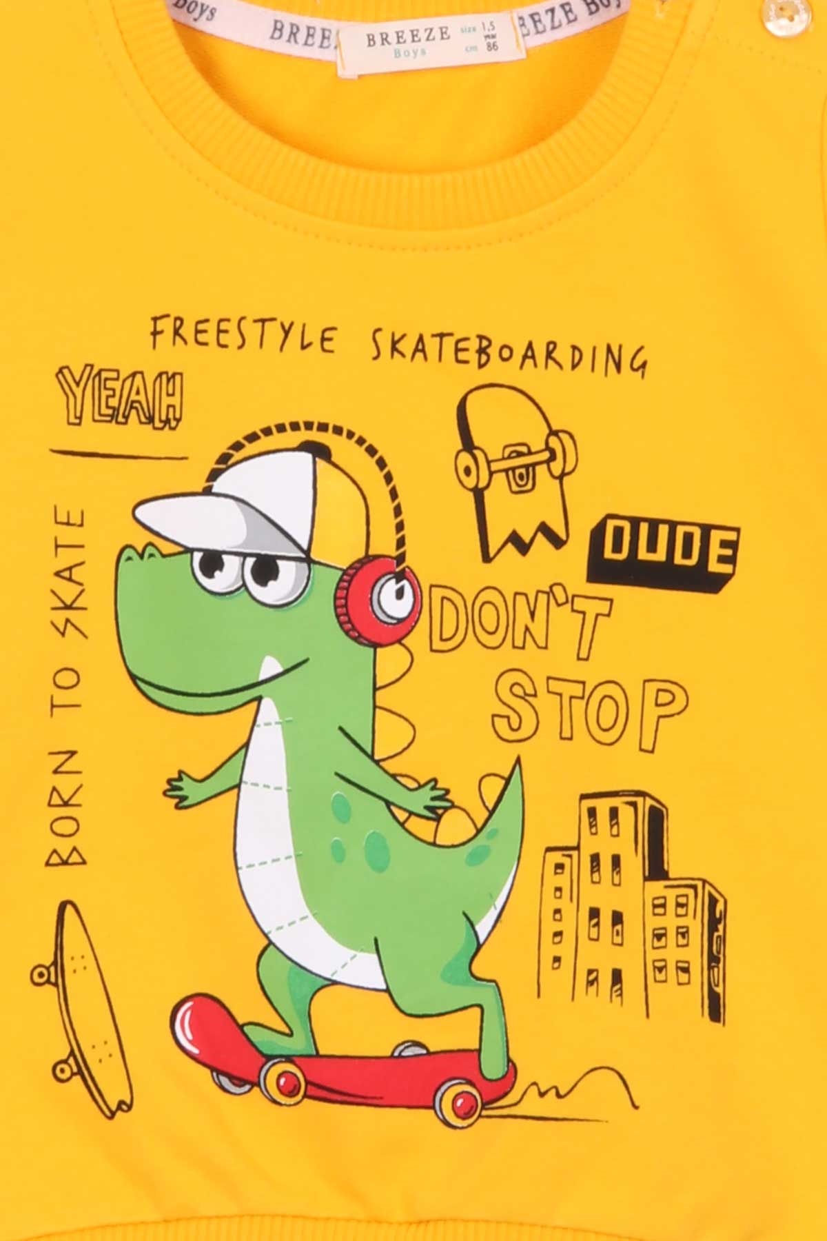 Breeze Erkek Çocuk Sweatshirt Kaykaycı Dinozor Baskılı Sarı (1.5-5 Yaş)
