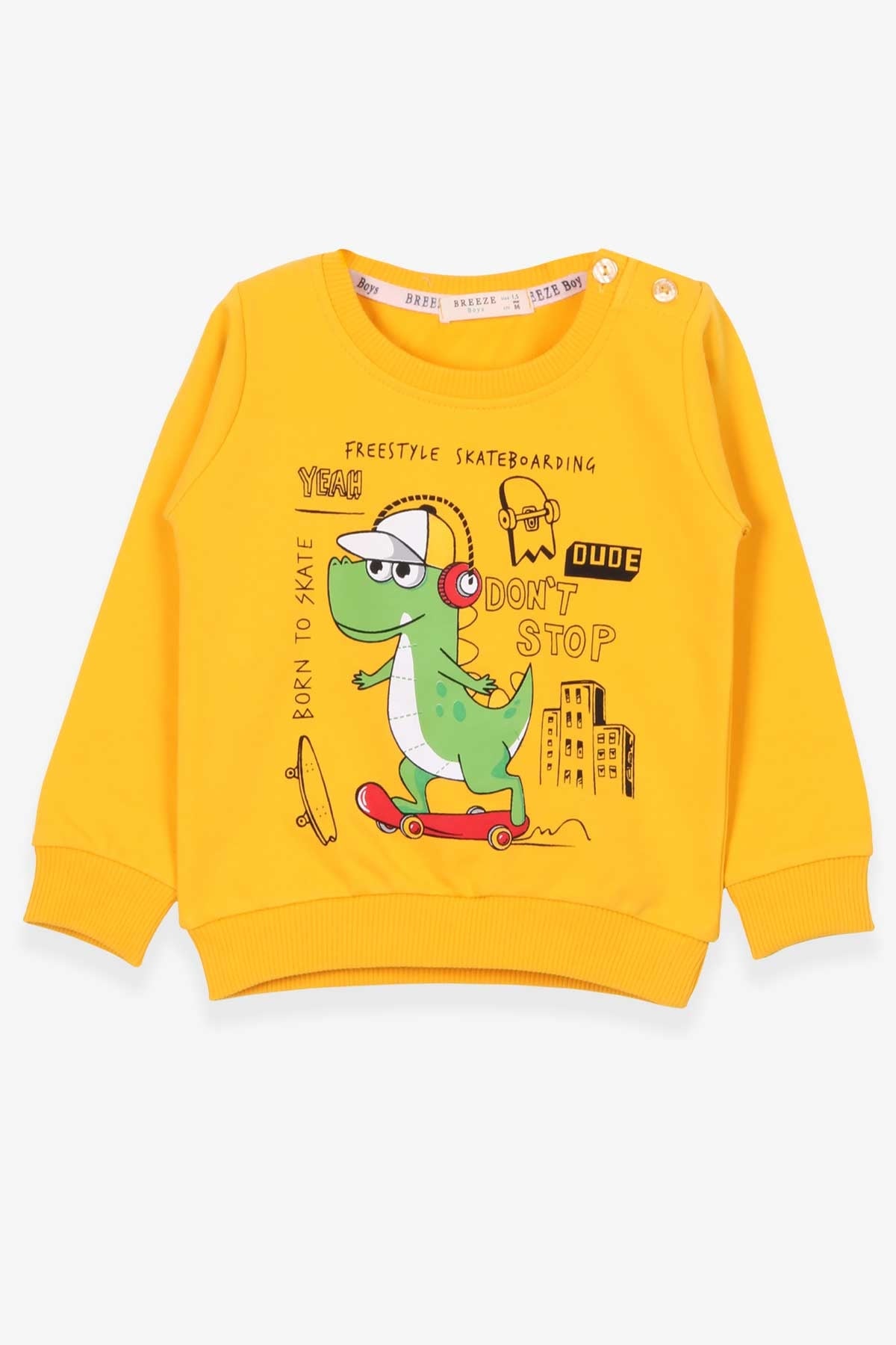 Breeze Erkek Çocuk Sweatshirt Kaykaycı Dinozor Baskılı Sarı (1.5-5 Yaş)