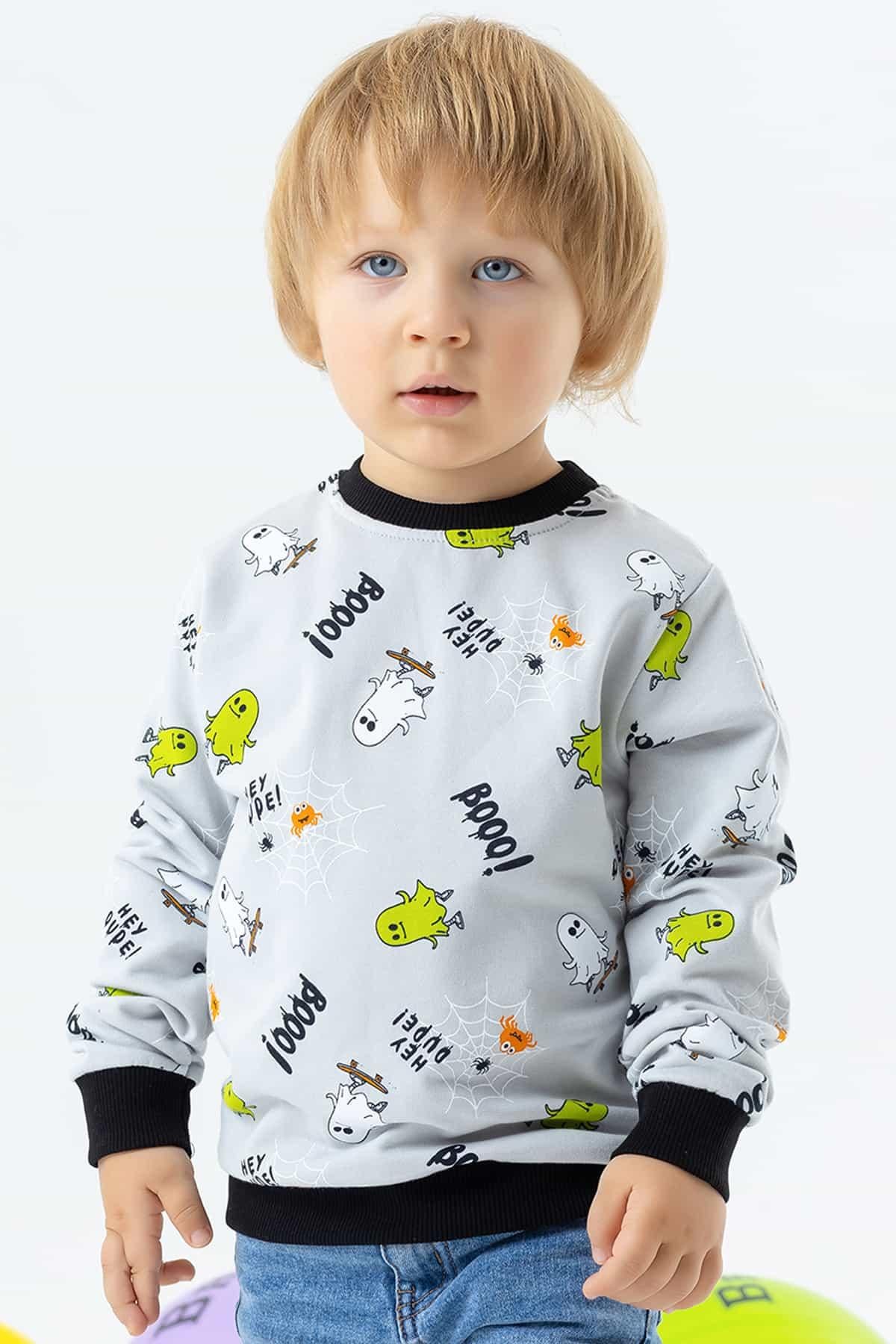 Breeze Erkek Çocuk Sweatshirt Kaykaylı Hayalet Desenli Açık Gri (1.5-5 Yaş)