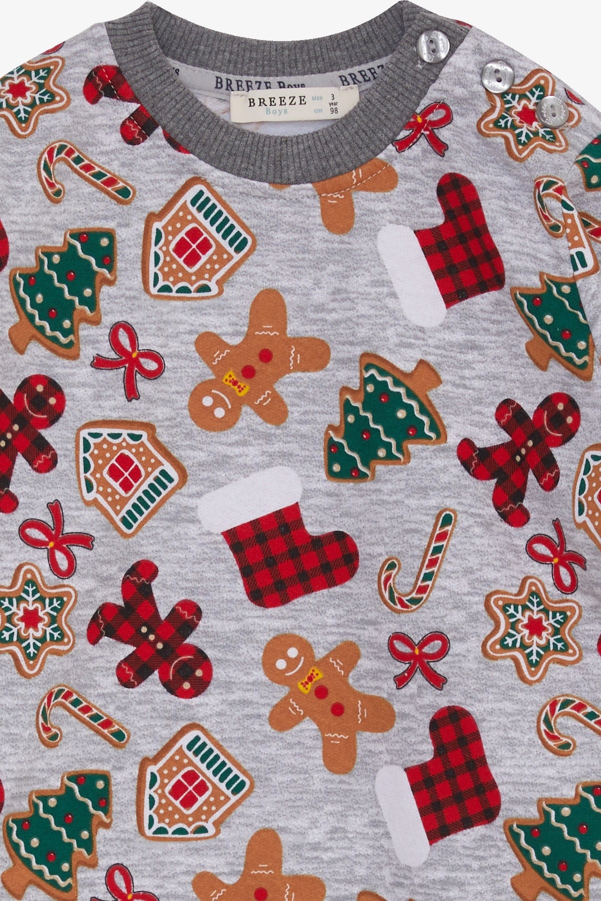 Breeze Erkek Çocuk Sweatshirt Kurabiye Desenli Gri Melanj (1.5-5 Yaş)