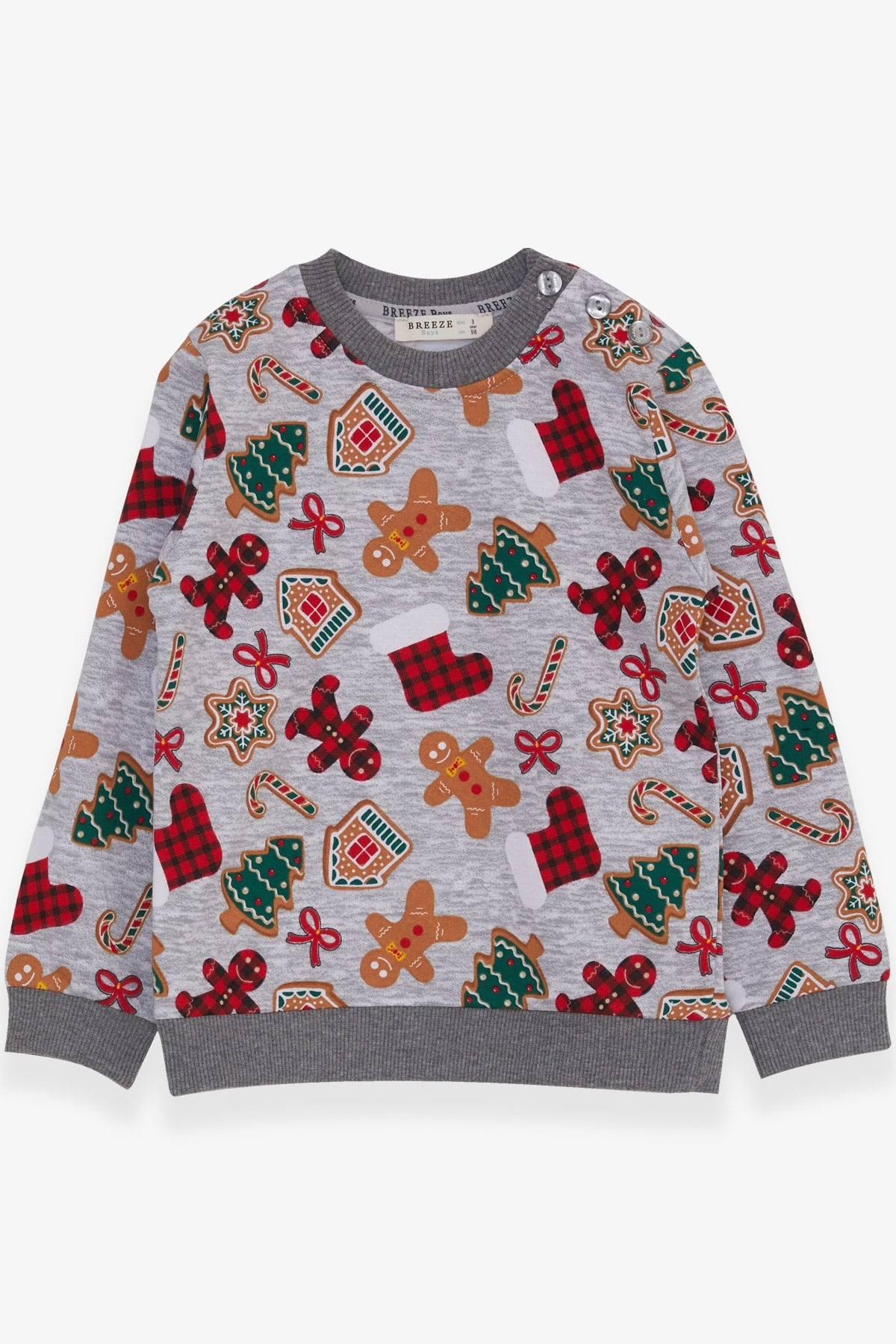 Breeze Erkek Çocuk Sweatshirt Kurabiye Desenli Gri Melanj (1.5-5 Yaş)