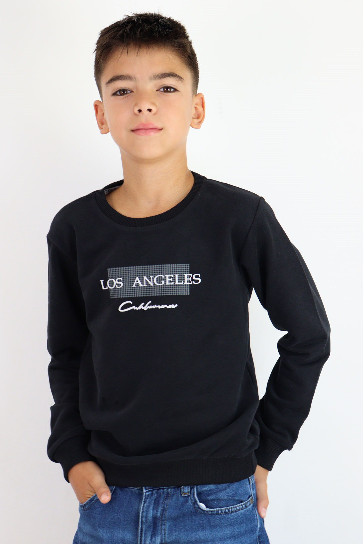 Breeze Erkek Çocuk Sweatshirt Los Angeles Yazı Baskılı Siyah (8-14 Yaş)