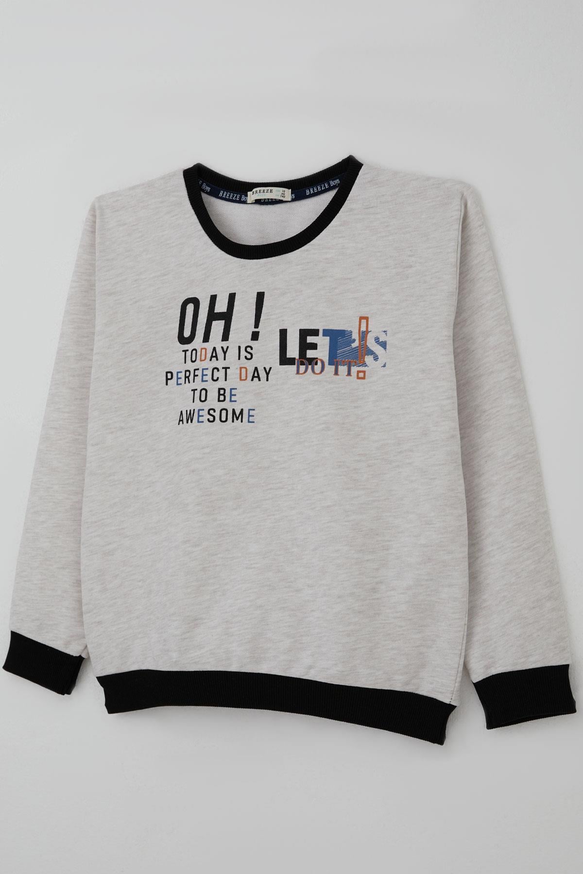Breeze Erkek Çocuk Sweatshirt Renkli Yazı Baskılı Bej Melanj (10-16 Yaş)
