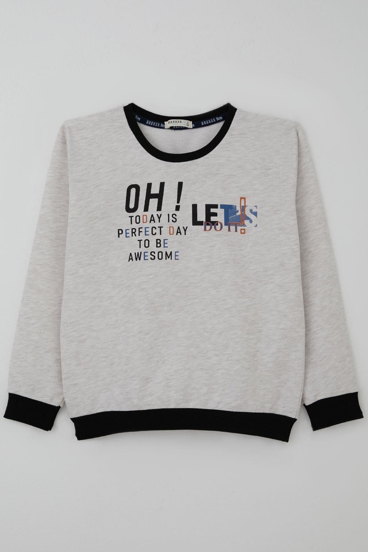 Breeze Erkek Çocuk Sweatshirt Renkli Yazı Baskılı Bej Melanj (10-16 Yaş)