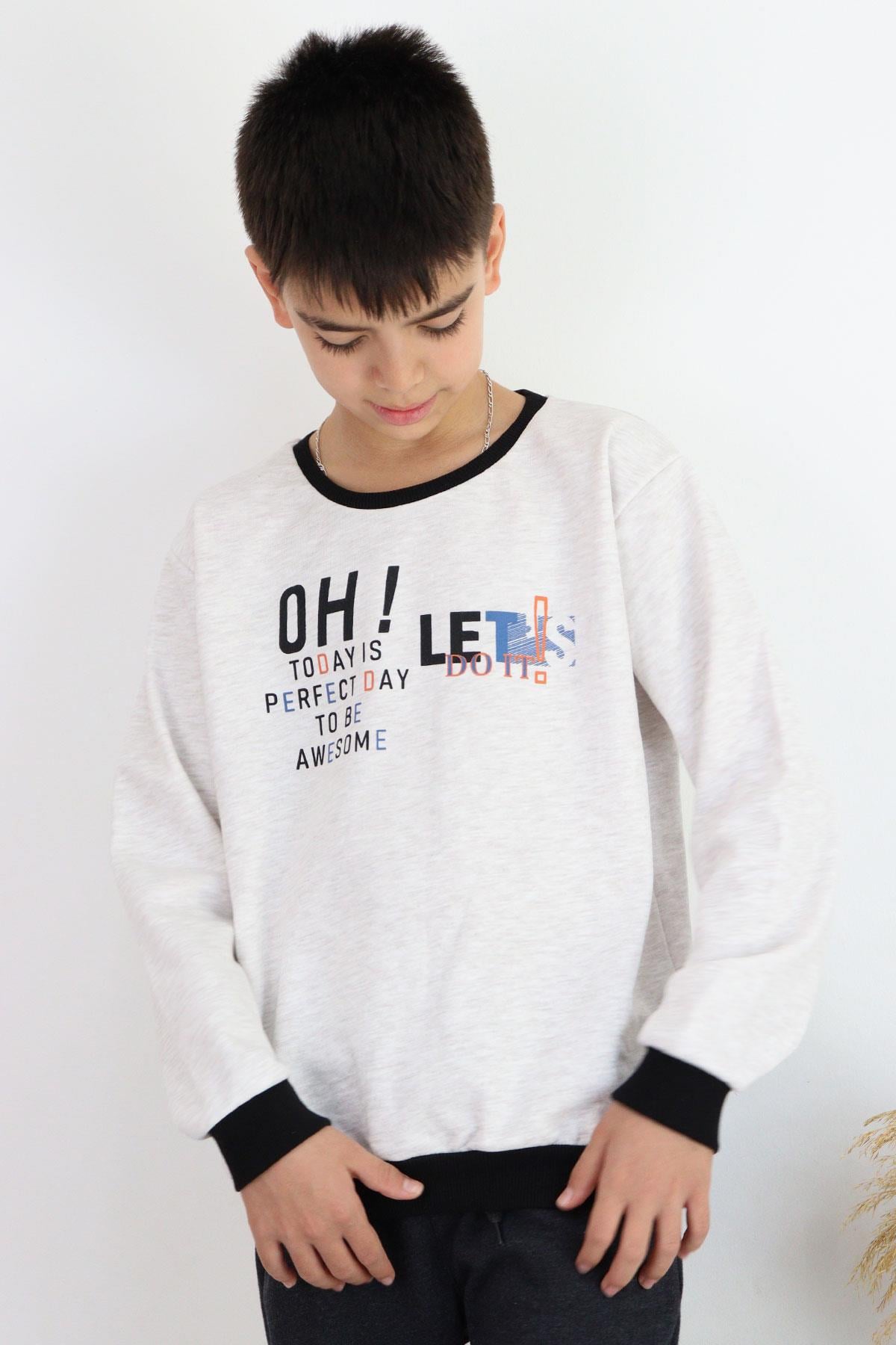 Breeze Erkek Çocuk Sweatshirt Renkli Yazı Baskılı Bej Melanj (10-16 Yaş)