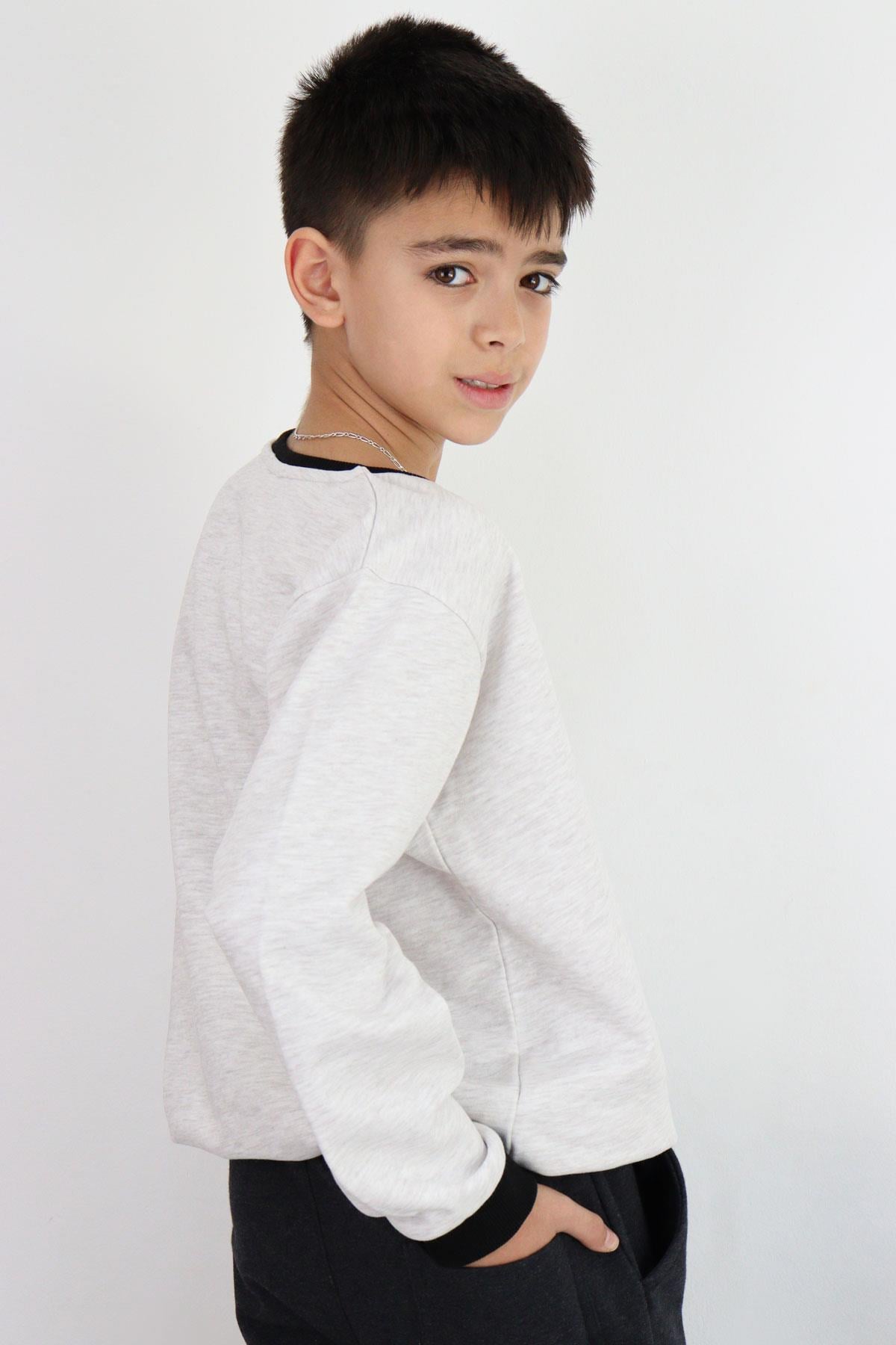 Breeze Erkek Çocuk Sweatshirt Renkli Yazı Baskılı Bej Melanj (10-16 Yaş)
