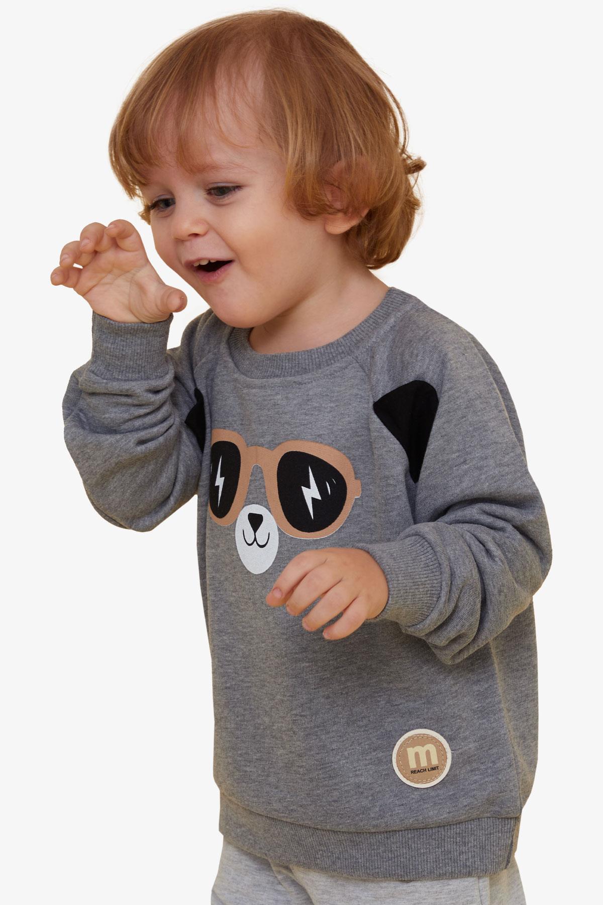 Breeze Erkek Çocuk Sweatshirt Sevimli Ayıcık Baskılı Kulakları Hareketli Koyu Gri Melanj (2-6 Yaş)