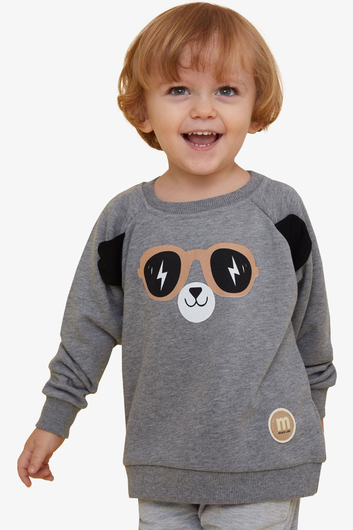 Breeze Erkek Çocuk Sweatshirt Sevimli Ayıcık Baskılı Kulakları Hareketli Koyu Gri Melanj (2-6 Yaş)