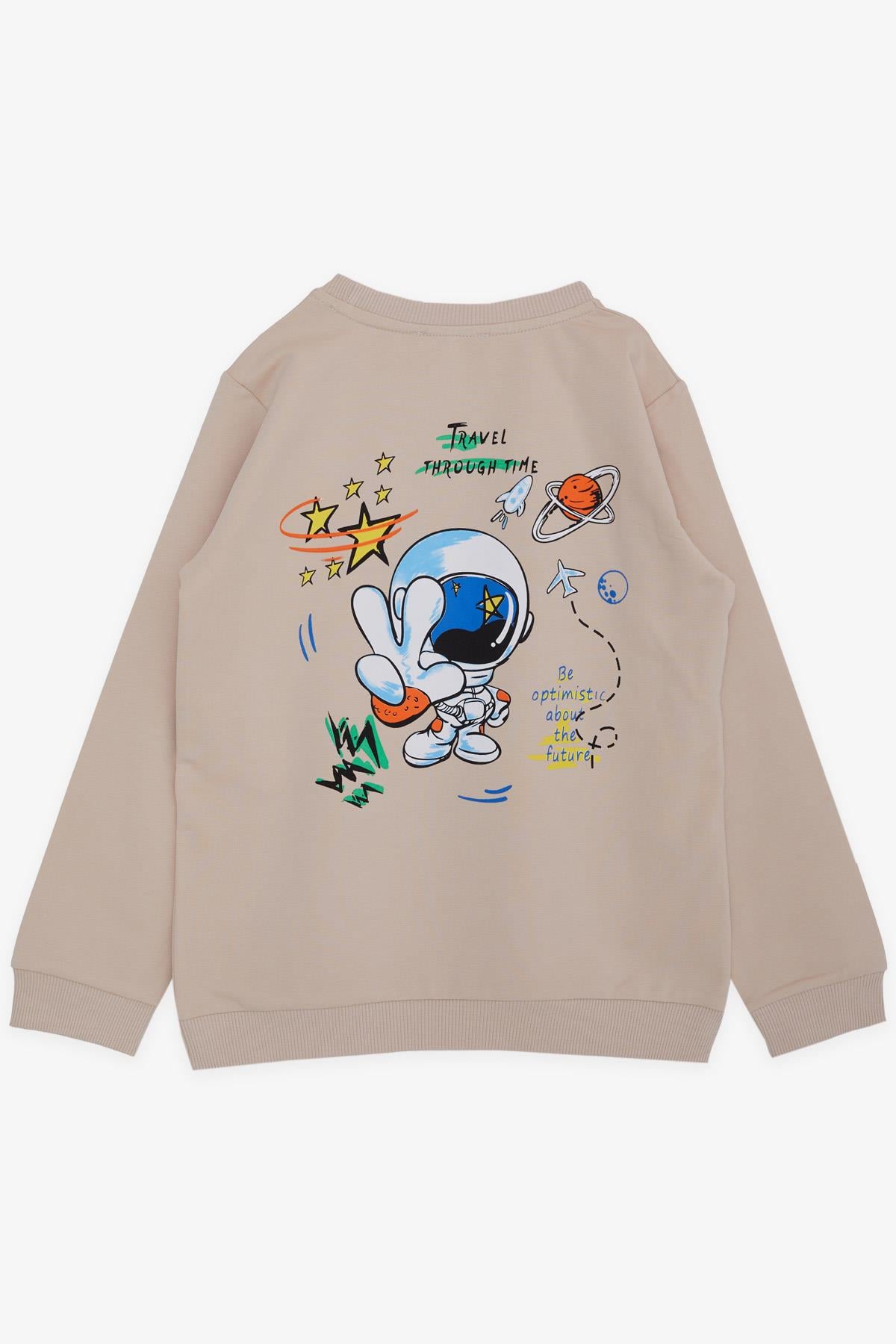 Breeze Erkek Çocuk Sweatshirt Uzay Temalı Astronot Baskılı Bej (4-9 Yaş)