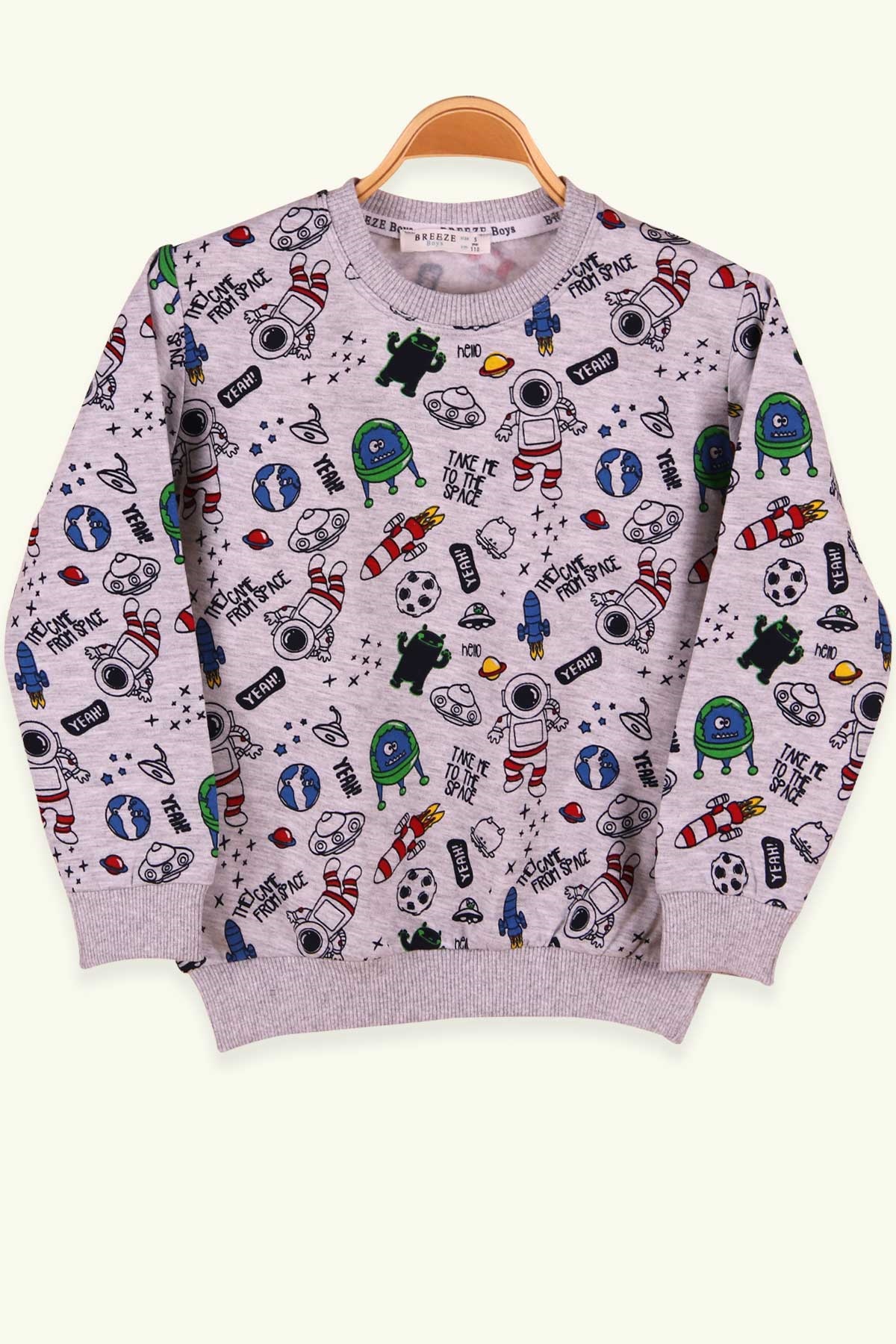 Breeze Erkek Çocuk Sweatshirt Uzay Temalı Açık Gri (5-9 Yaş)