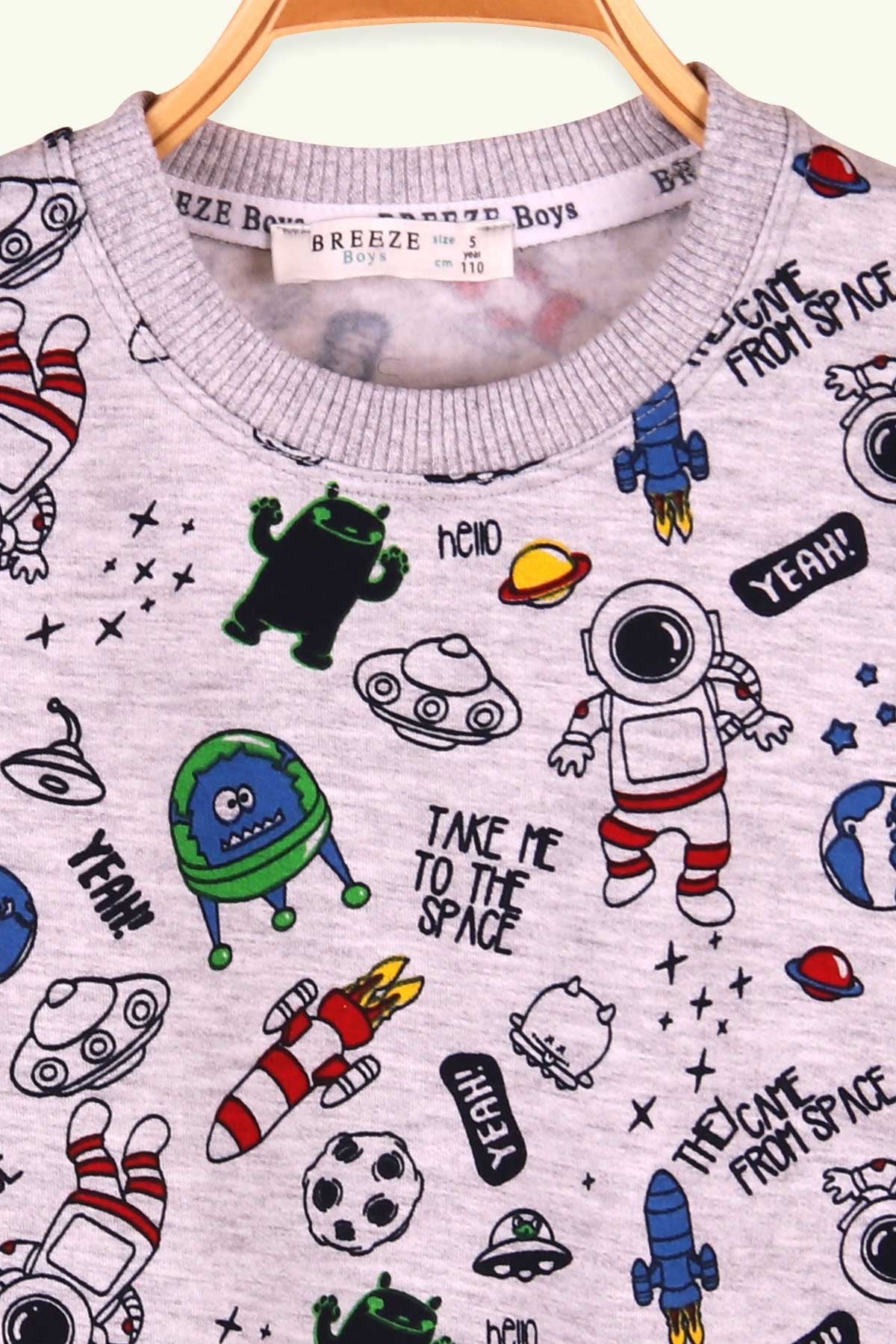 Breeze Erkek Çocuk Sweatshirt Uzay Temalı Açık Gri (5-9 Yaş)
