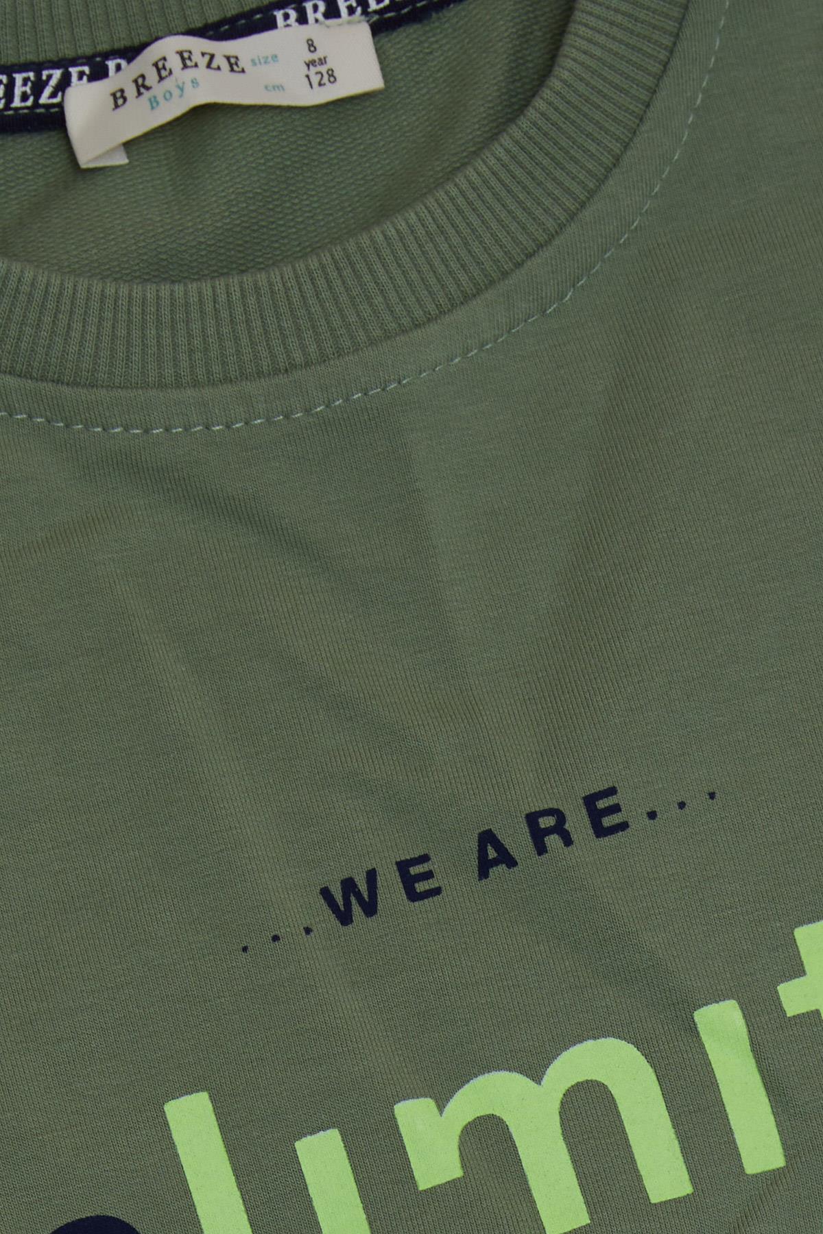 Breeze Erkek Çocuk Sweatshirt Yazı Baskılı Armalı Haki Yeşil (8-14 Yaş)