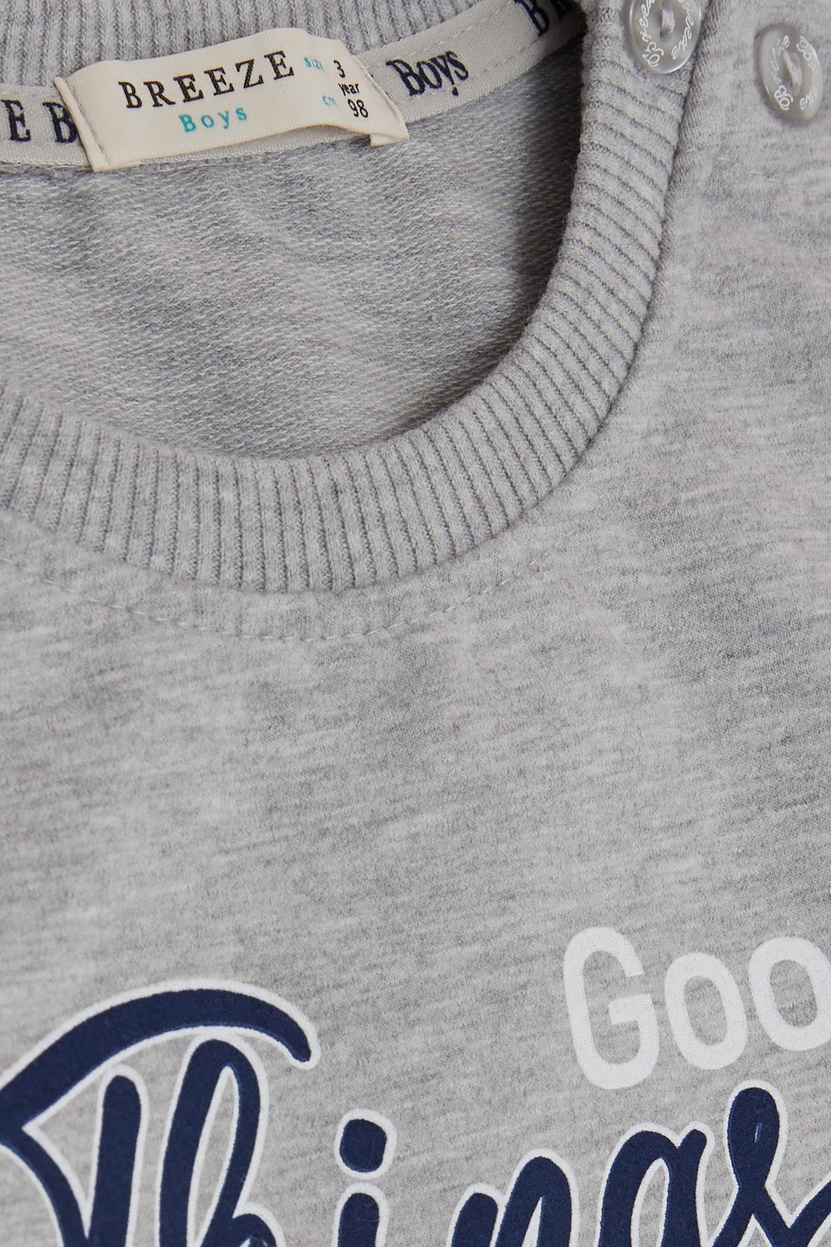 Breeze Erkek Çocuk Sweatshirt Yazı Baskılı Açık Gri Melanj (2-6 Yaş)