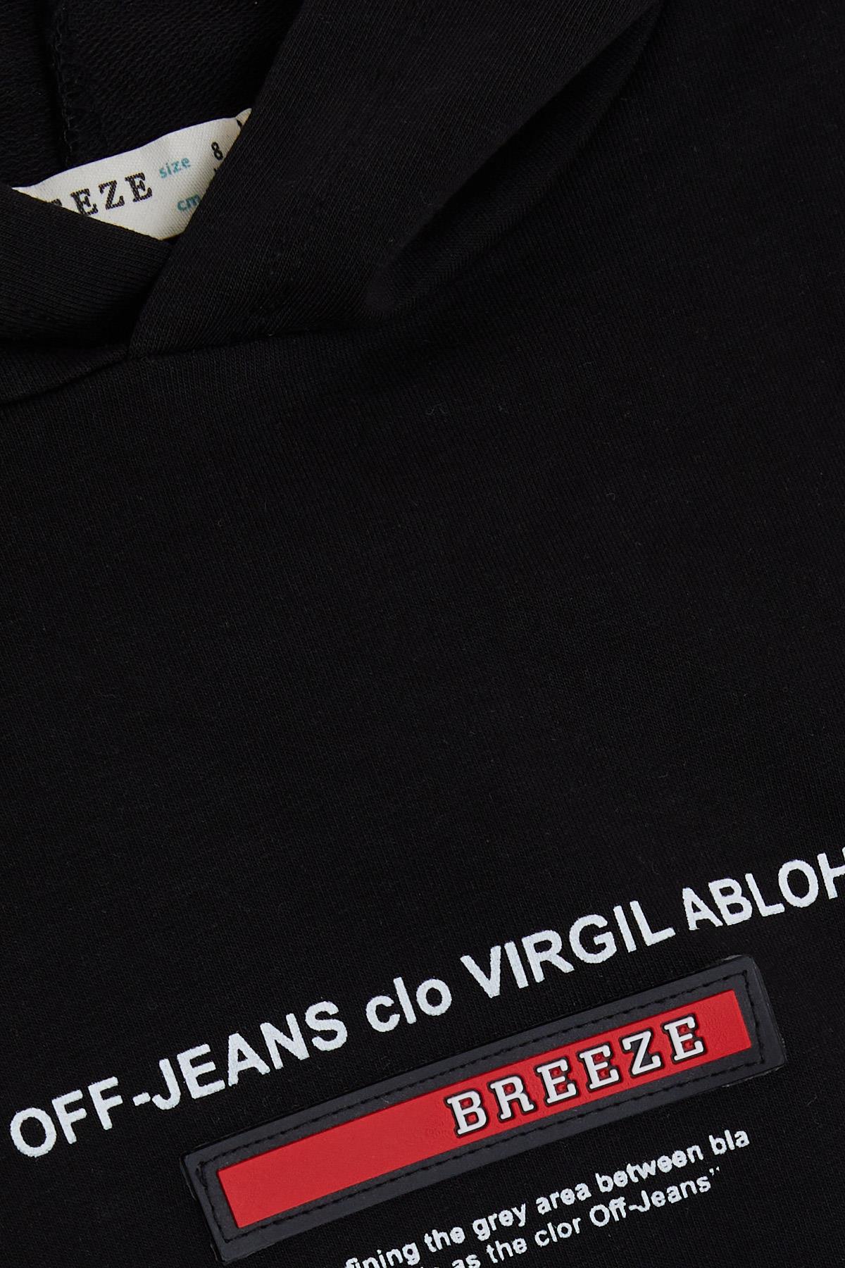 Breeze Erkek Çocuk Sweatshirt Yazı Baskılı Armalı Kanguru Cepli Siyah (8-14 Yaş)