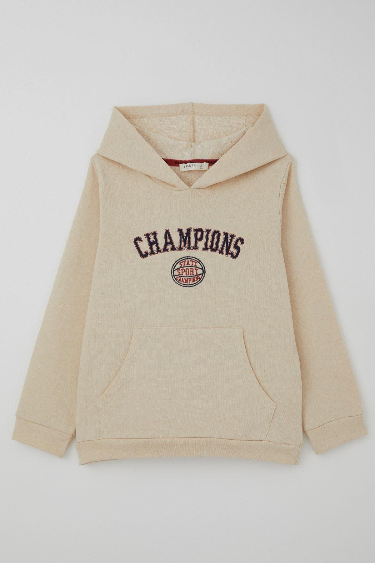 Breeze Erkek Çocuk Sweatshirt Yazı Baskılı Kapüşonlu Krem (4-8 Yaş)