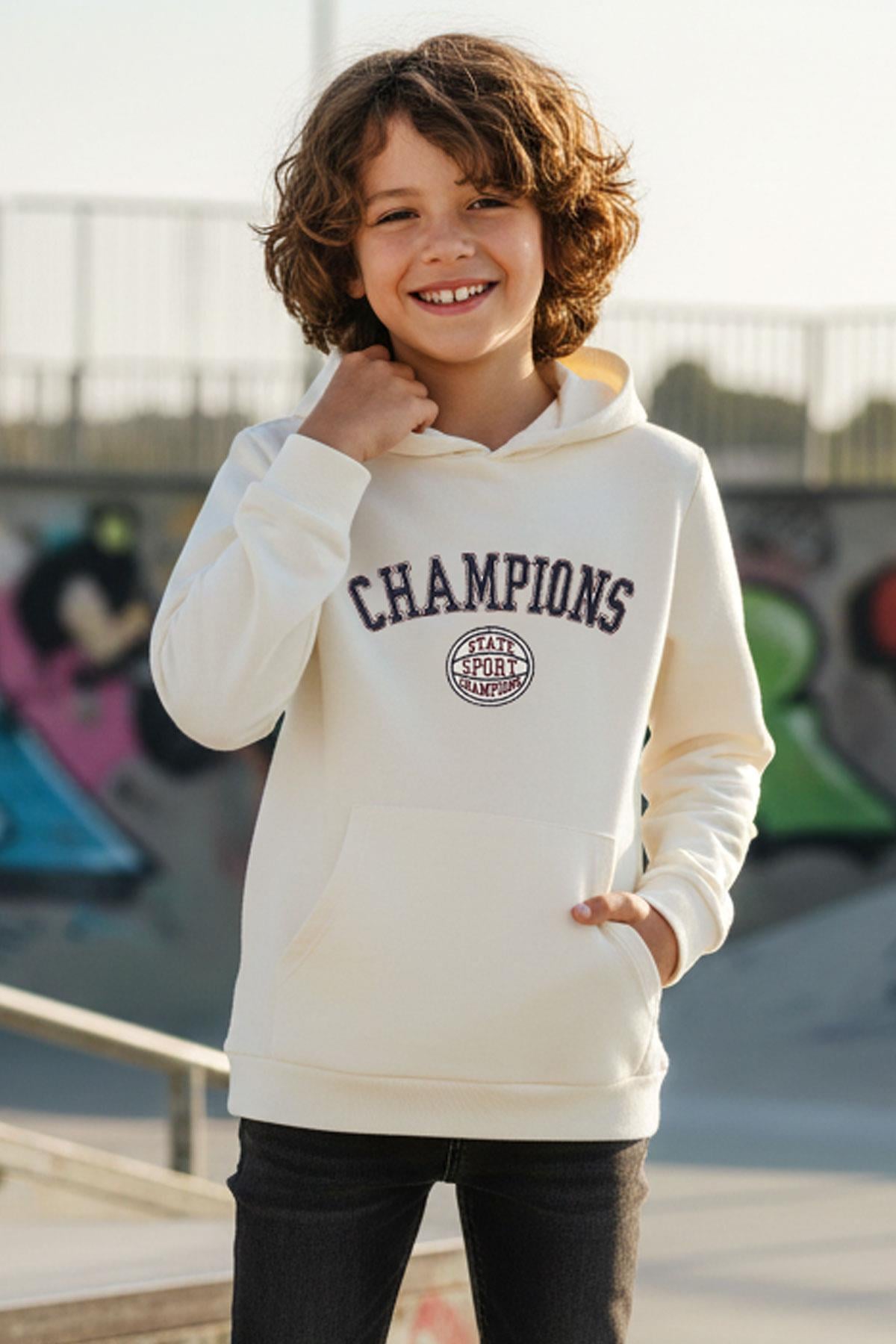 Breeze Erkek Çocuk Sweatshirt Yazı Baskılı Kapüşonlu Ekru (4-8 Yaş)