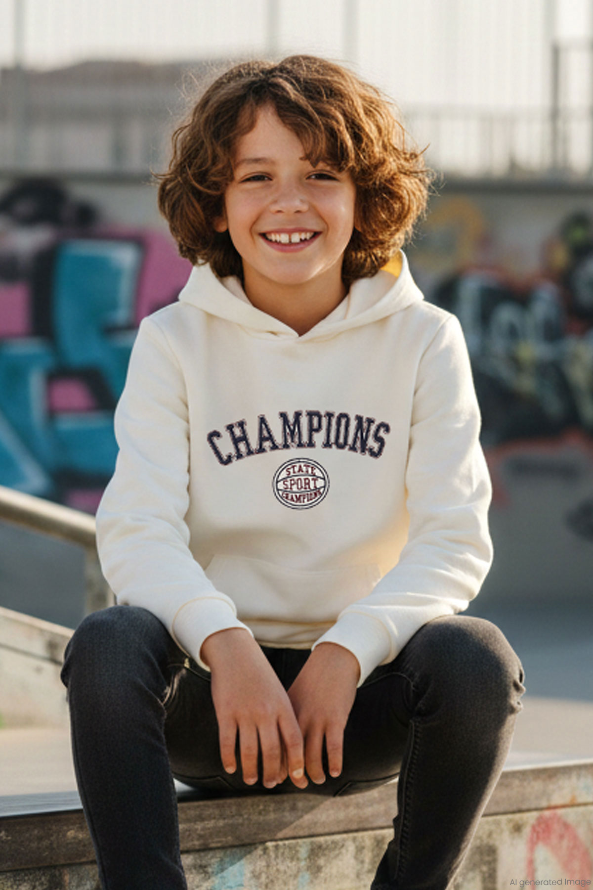 Breeze Erkek Çocuk Sweatshirt Yazı Baskılı Kapüşonlu Ekru (5-8 Yaş)