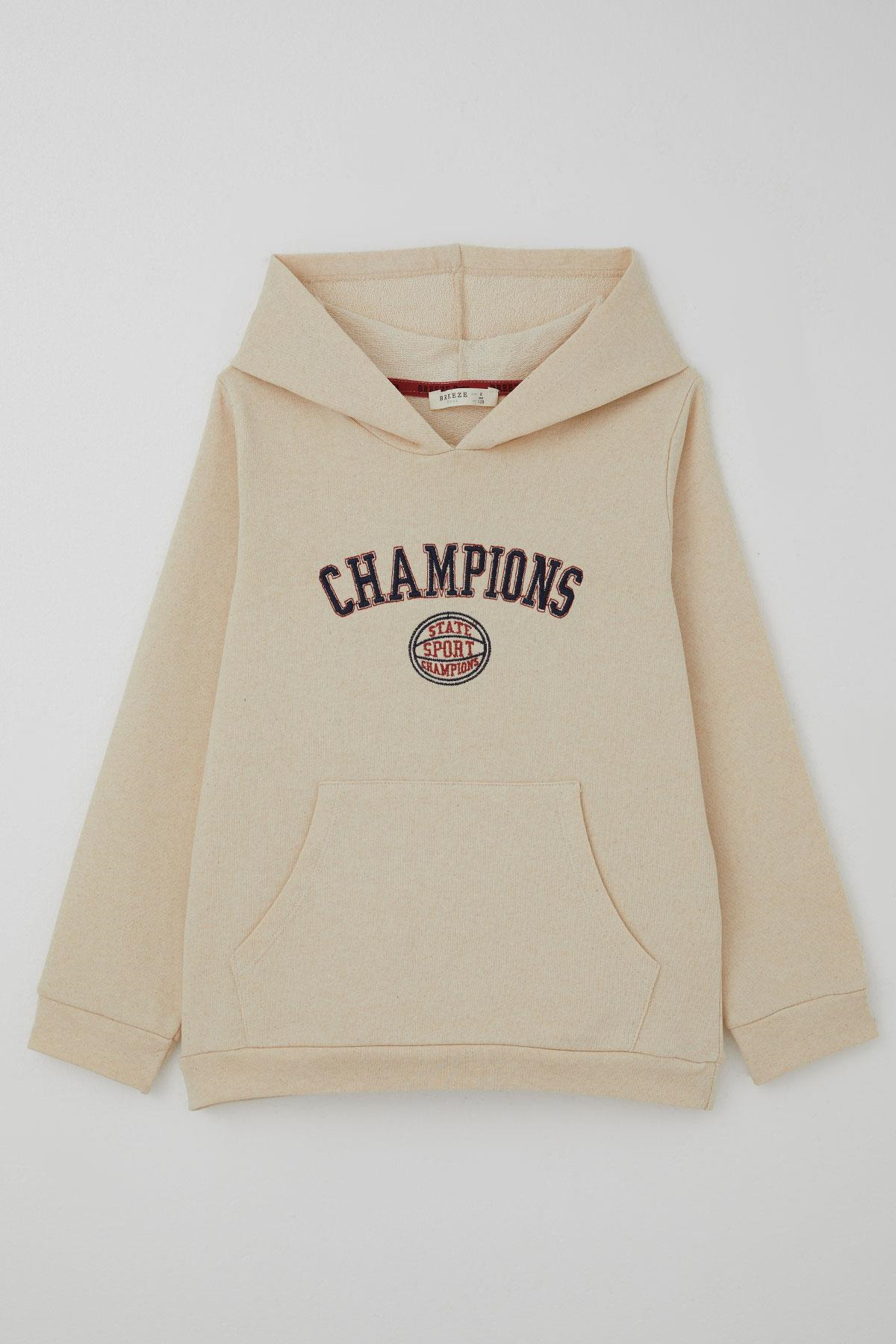 Breeze Erkek Çocuk Sweatshirt Yazı Baskılı Kapüşonlu Krem (4-8 Yaş)