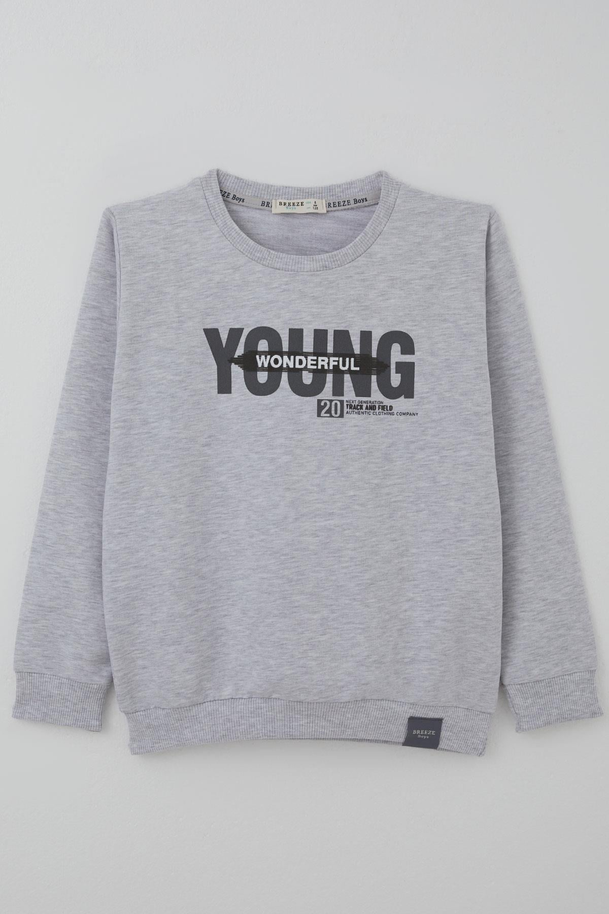 Breeze Erkek Çocuk Sweatshirt Yazı Baskılı Açık Gri Melanj (8-10 Yaş)