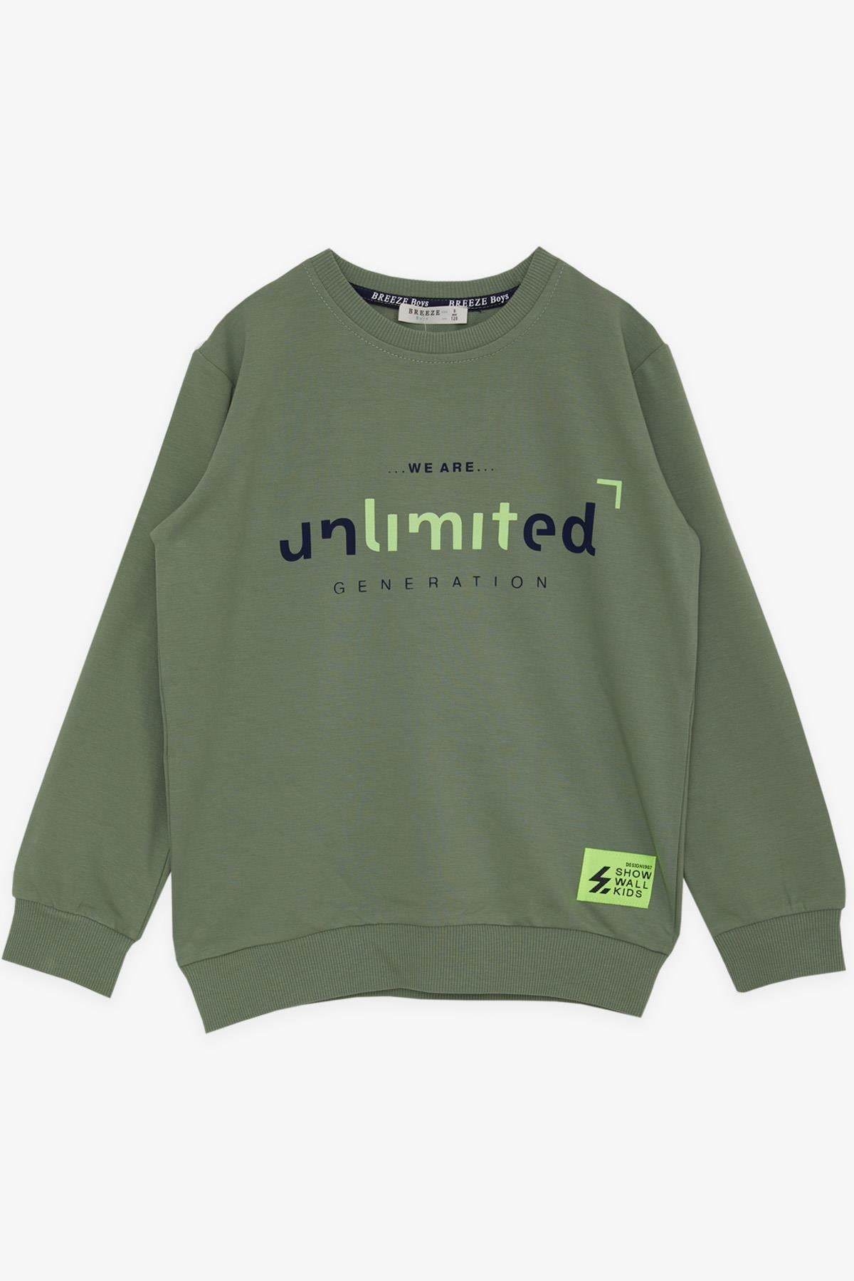 Breeze Erkek Çocuk Sweatshirt Yazı Baskılı Armalı Haki Yeşil (8-14 Yaş)