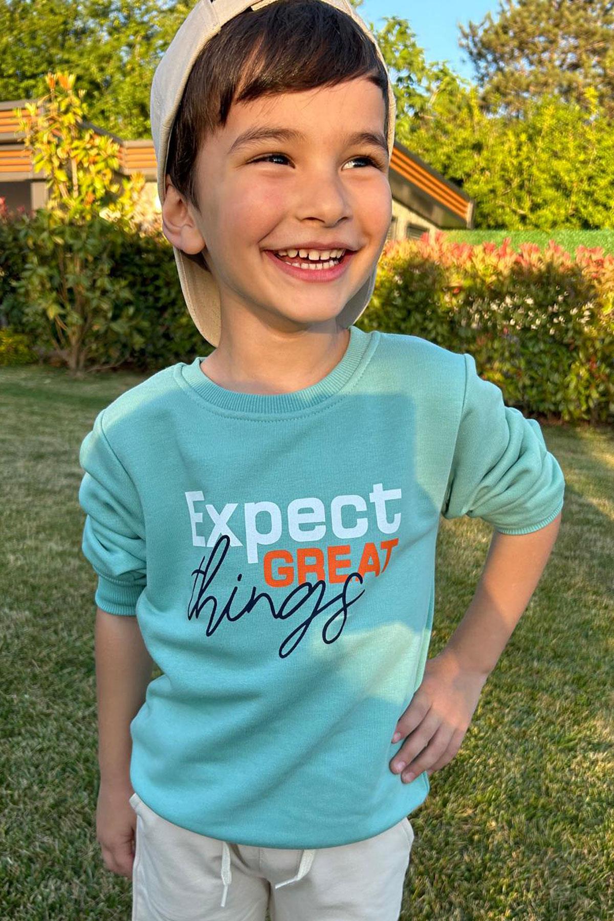 Breeze Erkek Çocuk Sweatshirt Yazı Baskılı Su Yeşili (4-8 Yaş)