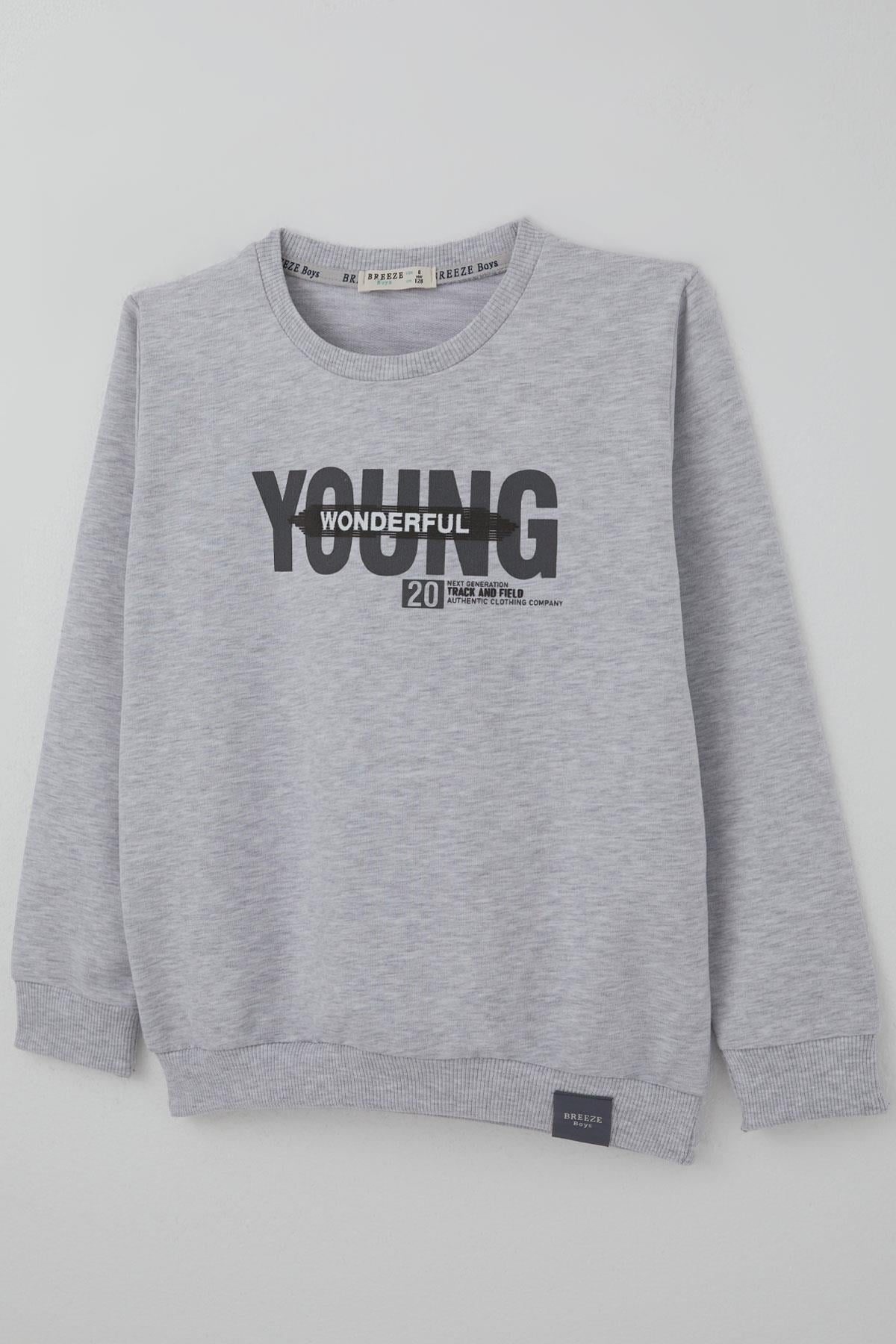 Breeze Erkek Çocuk Sweatshirt Yazı Baskılı Açık Gri Melanj (8-10 Yaş)