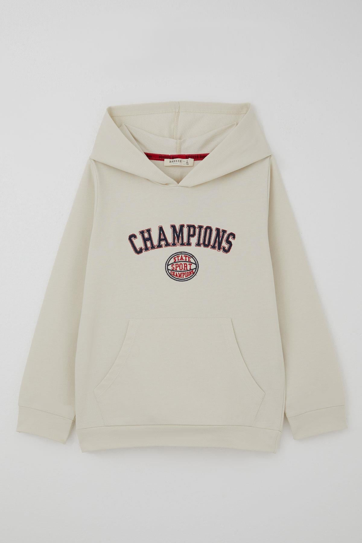 Breeze Erkek Çocuk Sweatshirt Yazı Baskılı Kapüşonlu Taş (4-8 Yaş)