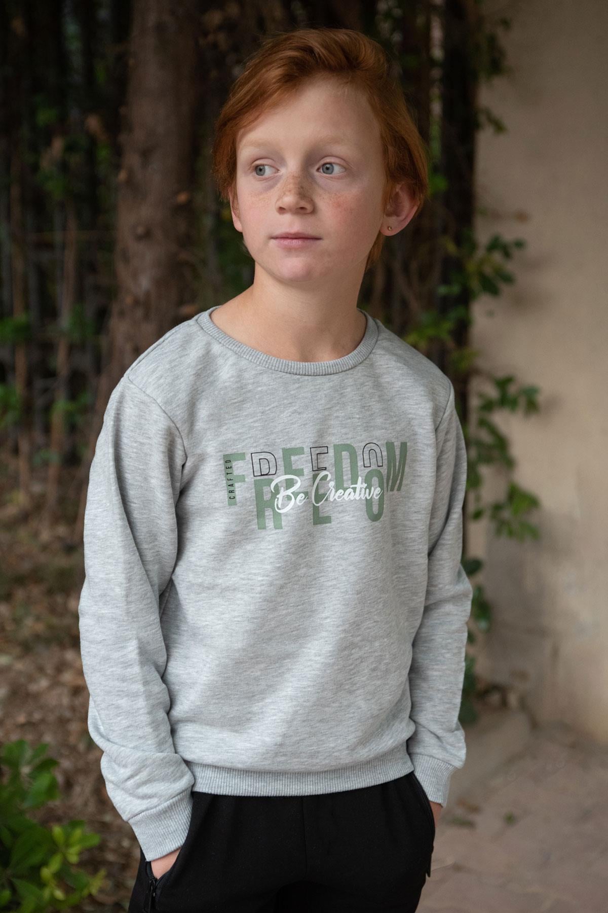 Breeze Erkek Çocuk Sweatshirt Yazı Baslılı Gri Melanj (8-14 Yaş)