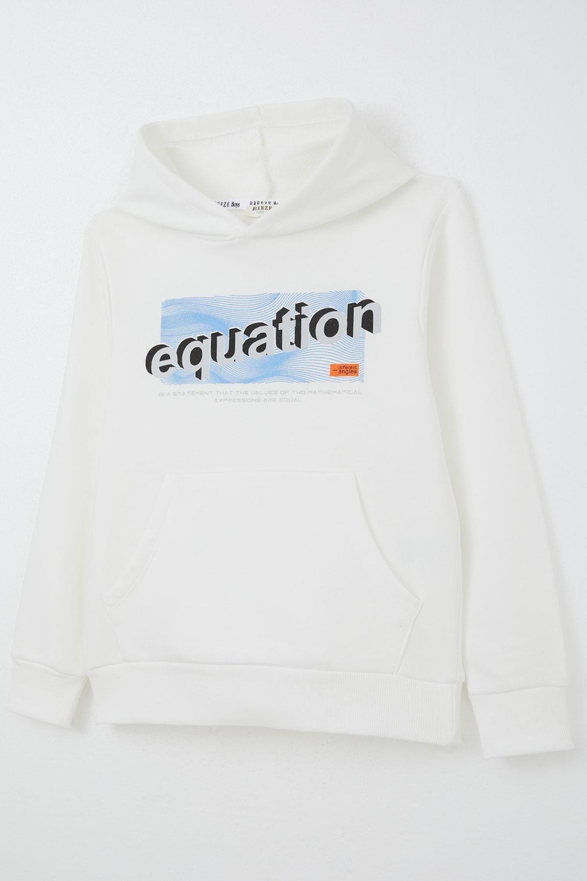 Breeze Erkek Çocuk Sweatshirt Yazı Baskılı Kanguru Cepli Kapüşonlu Beyaz (8-14 Yaş)