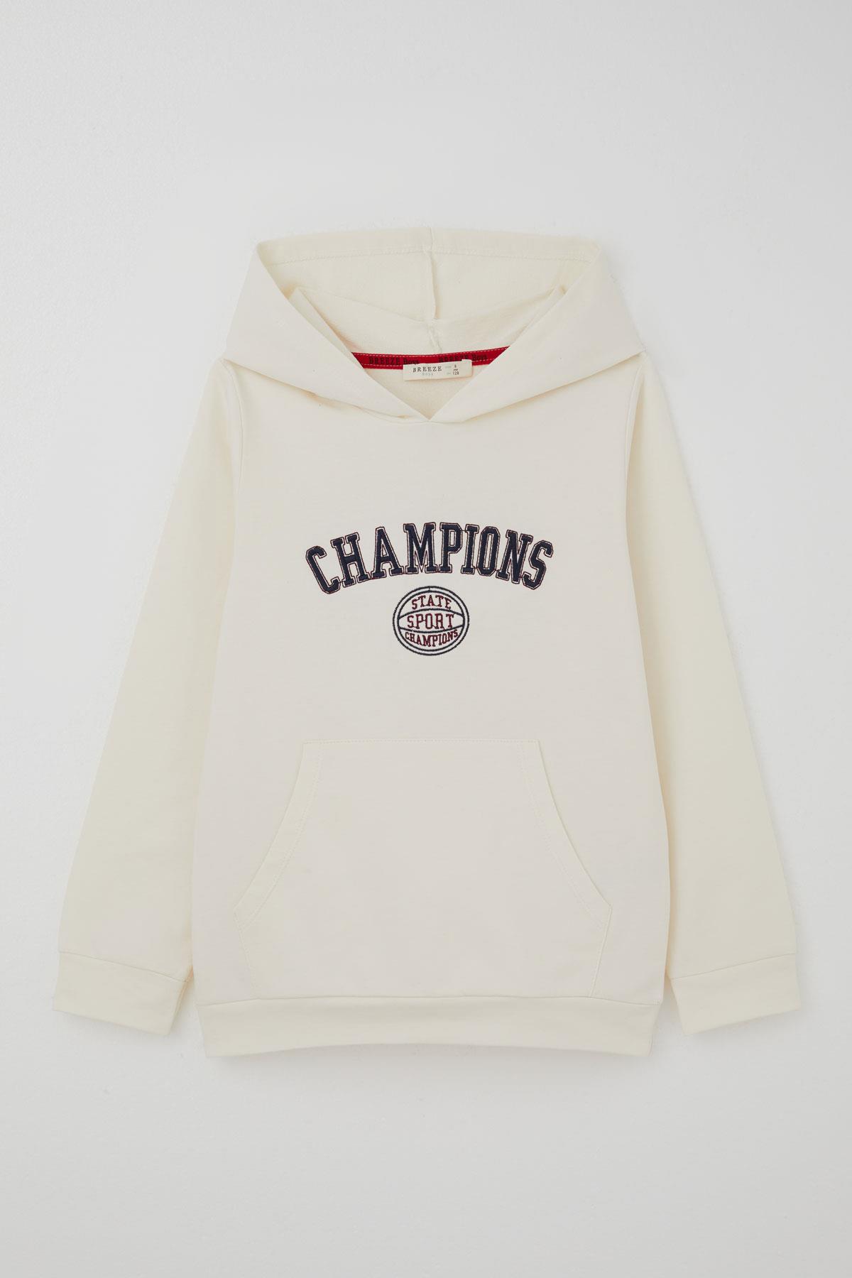 Breeze Erkek Çocuk Sweatshirt Yazı Baskılı Kapüşonlu Ekru (4-8 Yaş)
