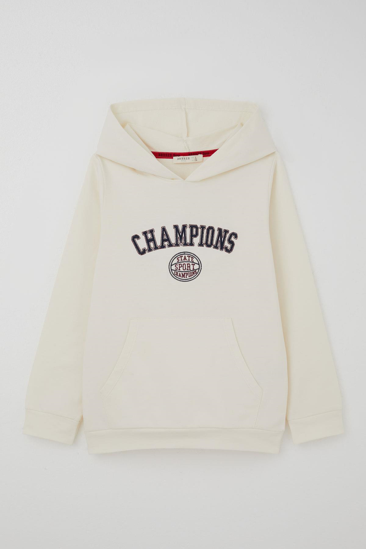 Breeze Erkek Çocuk Sweatshirt Yazı Baskılı Kapüşonlu Ekru (5-8 Yaş)