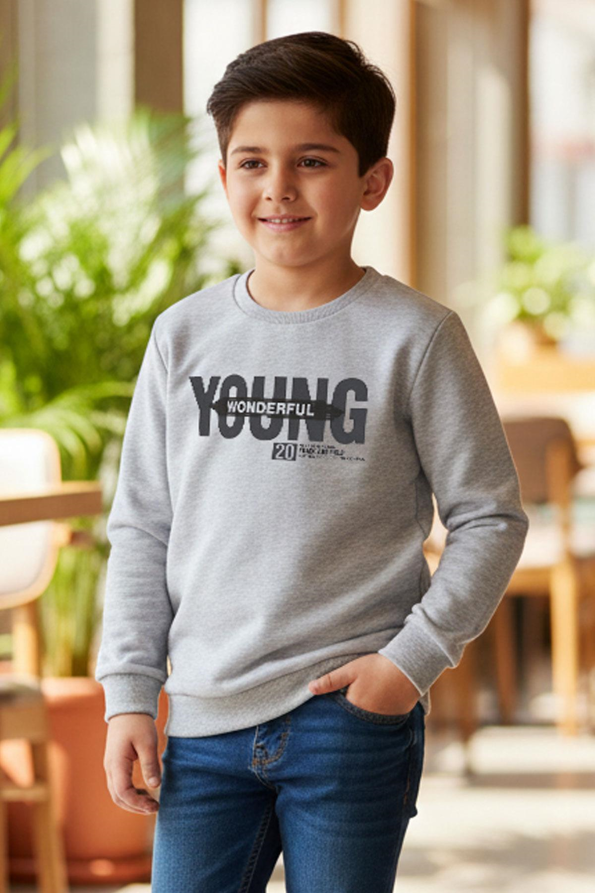Breeze Erkek Çocuk Sweatshirt Yazı Baskılı Açık Gri Melanj (8-10 Yaş)