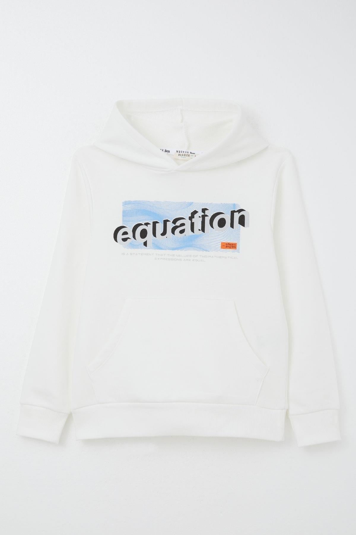 Breeze Erkek Çocuk Sweatshirt Yazı Baskılı Kanguru Cepli Kapüşonlu Beyaz (8-14 Yaş)