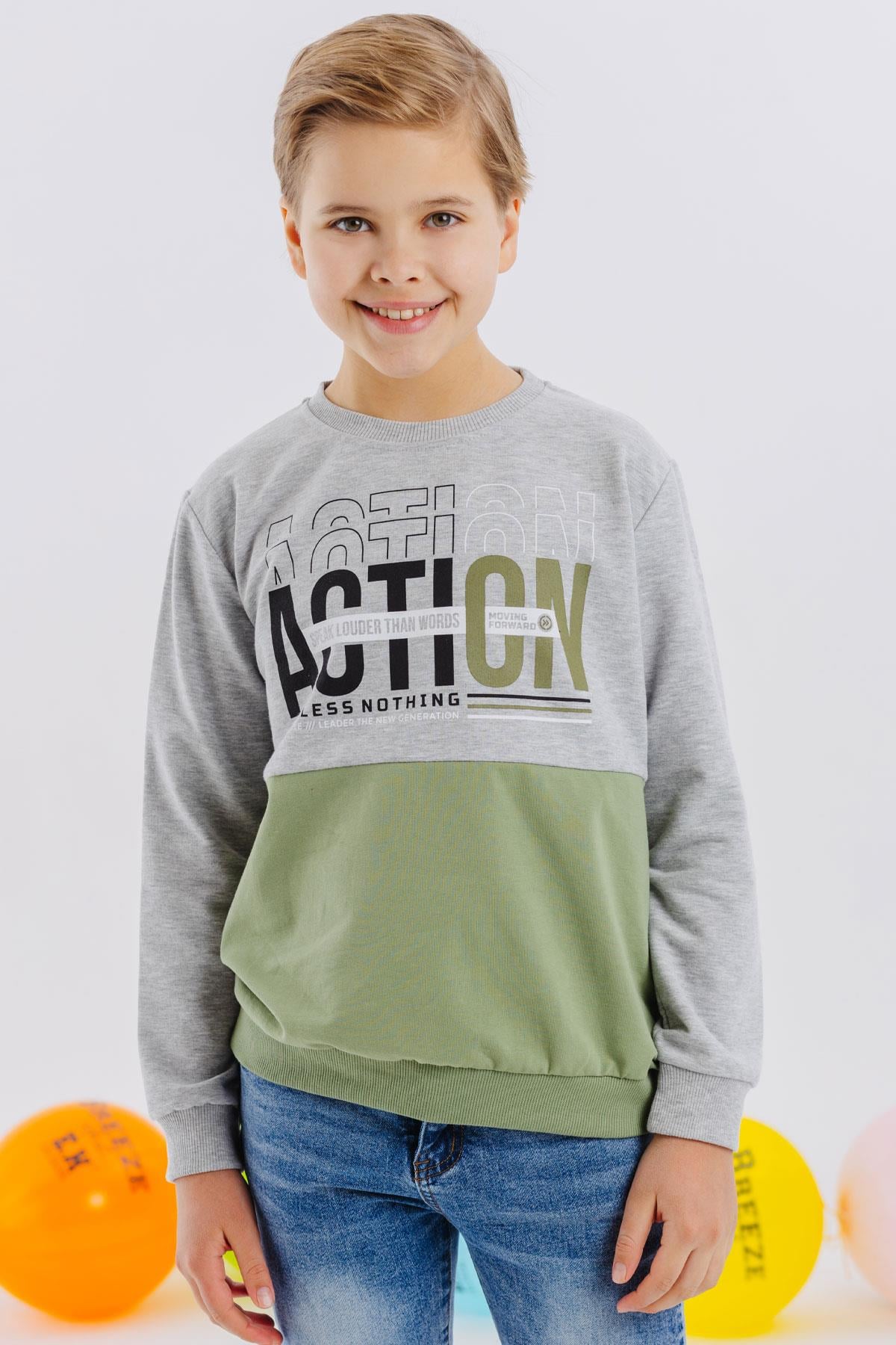 Breeze Erkek Çocuk Sweatshirt Yazı Baskılı Açık Gri Melanj (8-12 Yaş)